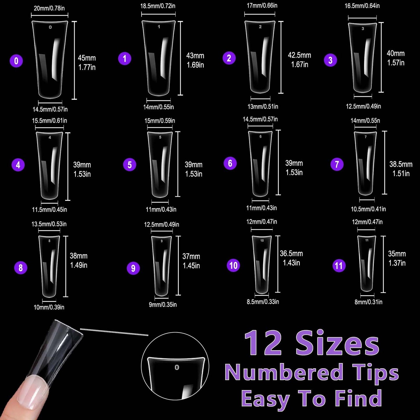 Laza 600pcs Long Duck Nail Tips 12 Sizes Box-packed Clear Duck Nails Full Cover Wide Nail Tips French False Nail Tips for Acrylic Nails Extension Tips — 44MM
