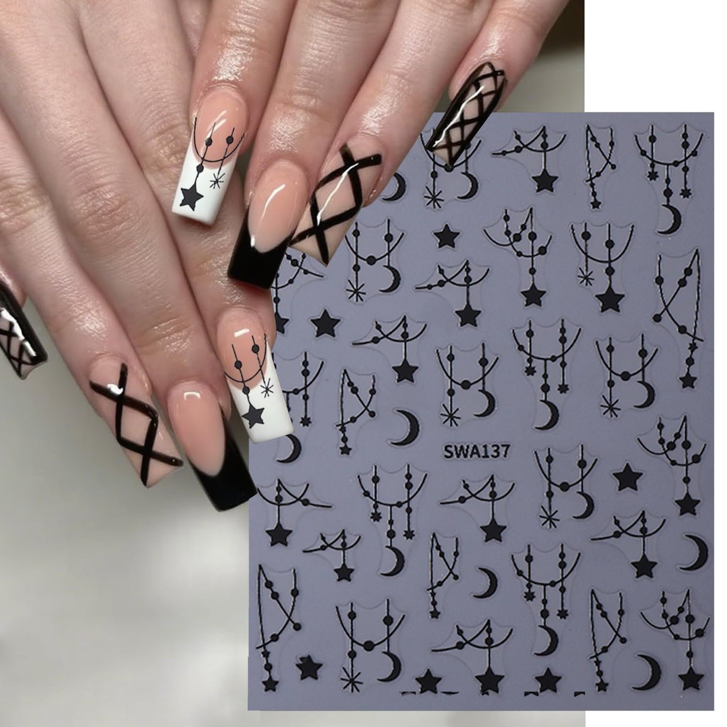 6 Sheets Star Nail Stickers 3D Self-Adhesive Silver Meteor Moon Nail Decals Black Chain Moon Star Nail Design Celestial Nail Art Stickers for Women Decoration Manicure Supplies