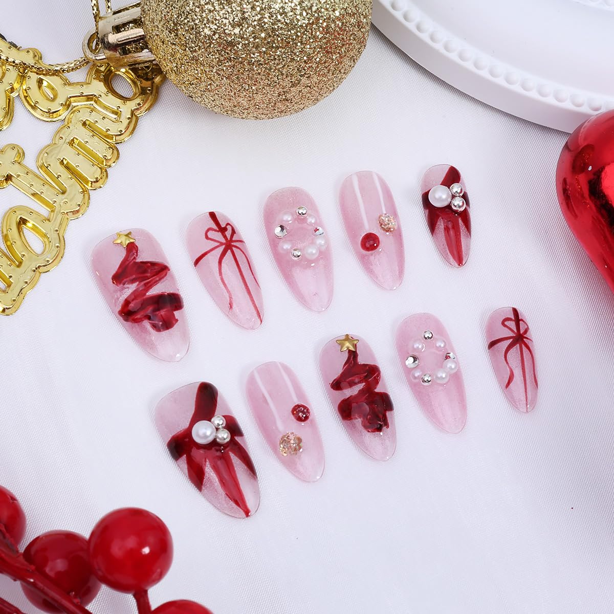 10Pcs Christmas Handmade Press on Nails Medium Almond Fake Nails with Red Xmas Trees Bow Design 3D Star Pearl False Nails Full Cover Artificial Glue on Nails Winter Santa Stick on Nail for Women DIY