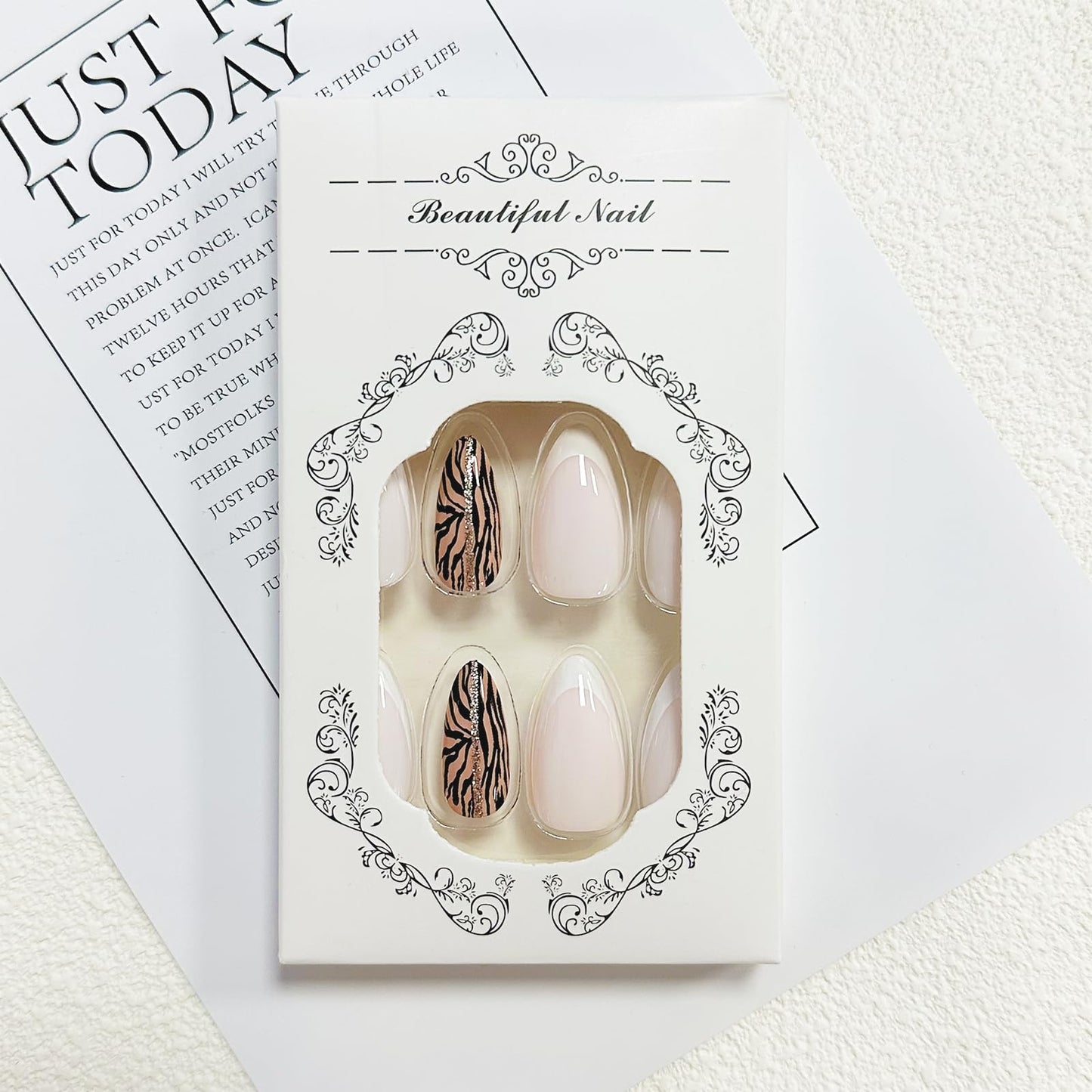 Almond Press on Nails Medium Fake Nails with Designs White French Tip False Nails Press ons Glitter Line Zebra Print Glossy Acrylic Glue on Nails Full Cover Artificial Stick on for Women Supplies