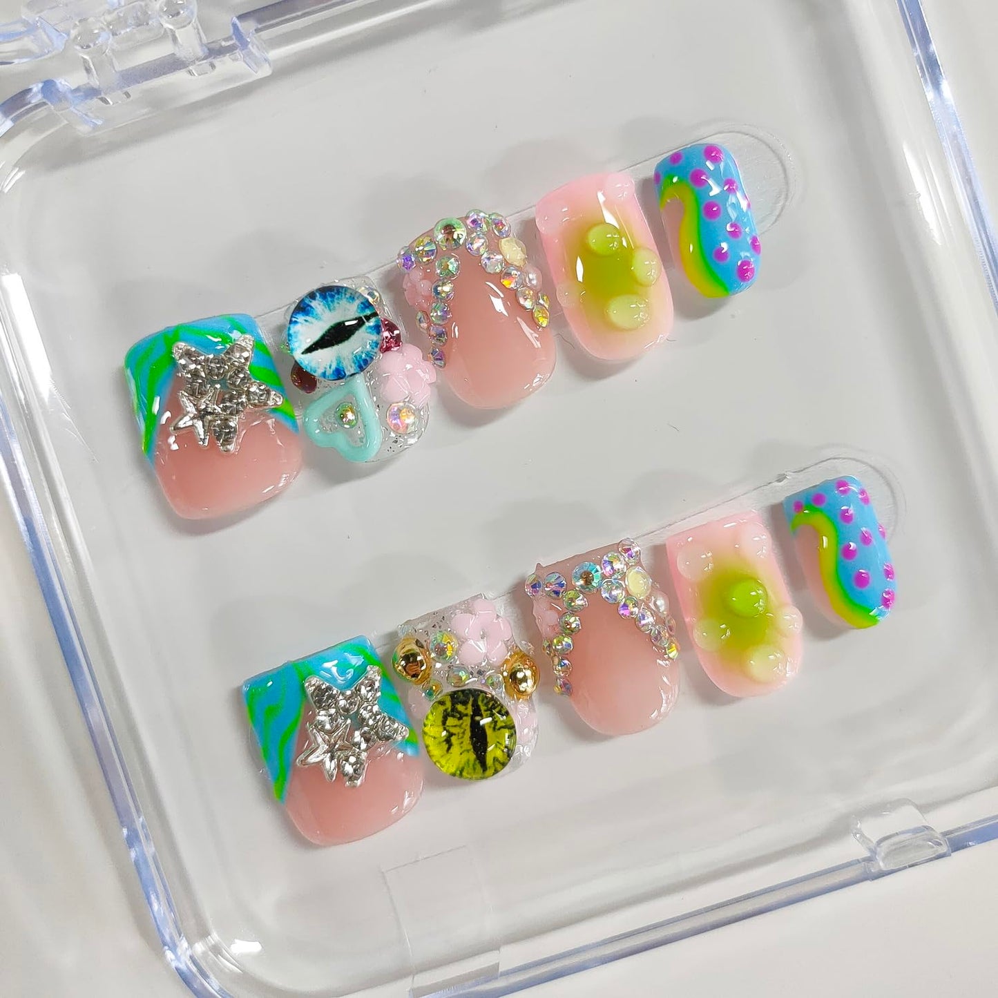 Handmade Press on Nails Short Square 3D French Tip Thick Acrylic Fake Nails Y2K False Nails with Polka Dots Eyes Charms Rhinestones Stars Water Drop Designs Sturdy Nail Art Press on Nails 10Pcs(M)