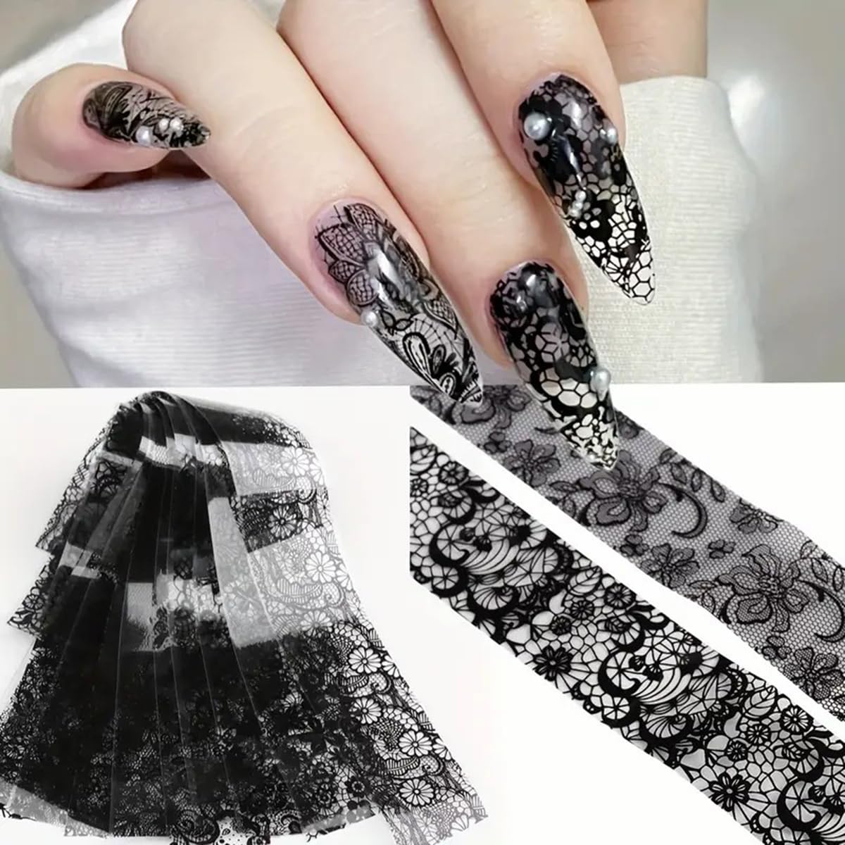 Black White Lace Nail Art Foils Transfer Stickers 10 Rolls Y2K Lace Flower Nail Foil Adhesive Decals Designer Nail Art Supplies Starry Sky Paper Manicure Accessories for Women Acrylic Nails Decoration
