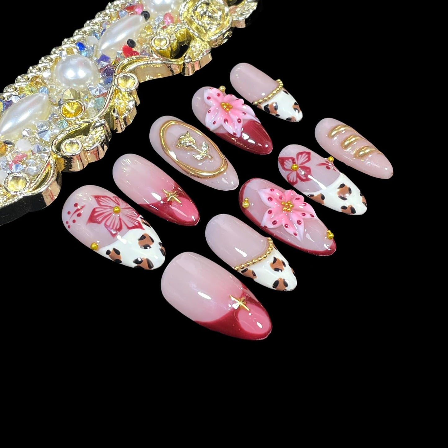 Handmade Press on Nails, Medium Almond Shape, 3D Floral Design with Gold Accents, Leopard Print Acrylic False Nails (Gilded Feline, M)
