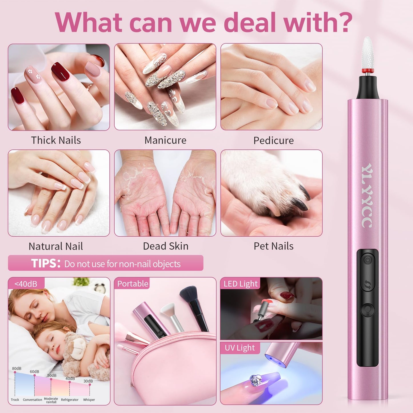 YLYYCC Cordless Nail Drill Electric File with UV Nail Lamp: Professional for Acrylic Gel Dip Powder Nails Portable Nail Drill Machine Kit for Manicure Pedicure Nail Set Rechargeable Lightweight