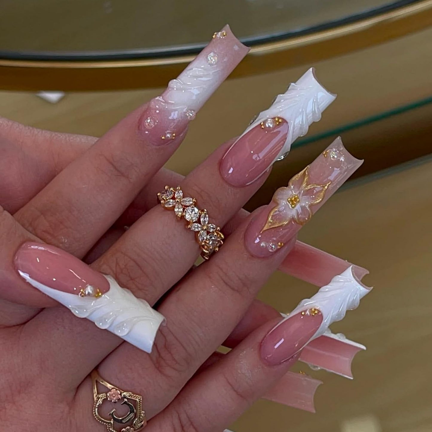 octoswave Press on Nails Long Square Fake Nails White French Artificial Nail 3D Embossed Flowers Pearl Stick on Nail for Women 24pcs