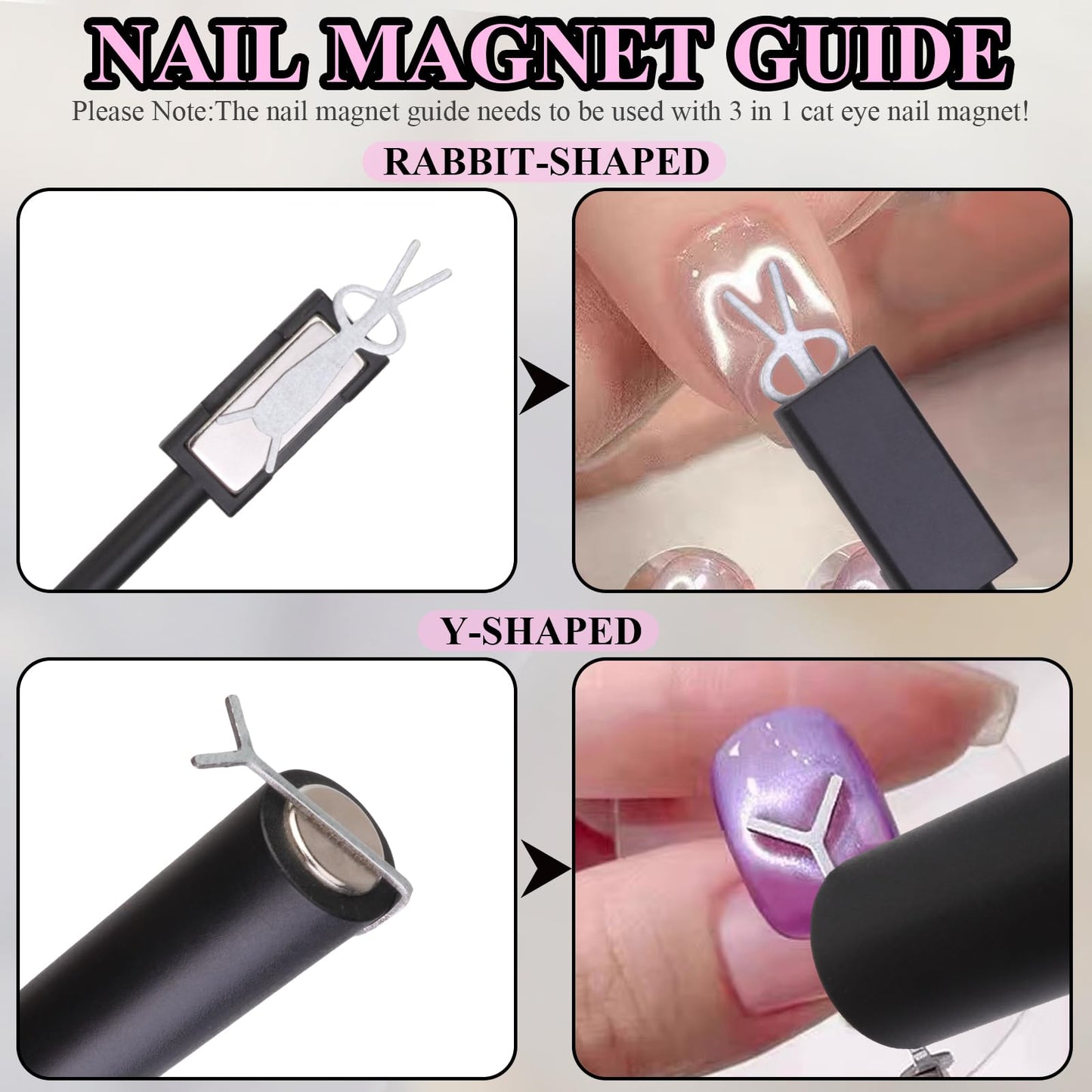 Plman 3 in 1 Y-Shaped Cat Eye Nail Magnet, Double Head Cat Eye Gel Nail Polish Magnet, Detachable Nail Magnet Tool with Nail Magnet Guides, Nail Magnetic Pen for Nail DIY at Home (Y-Shaped Set-Black)