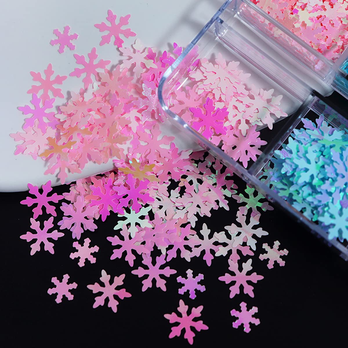 Christmas Nail Art Stickers Decals - 6 Grids Blue Snowflake Glitter Sequins - Xmas Snow flakes Nail Art Decoration for Nails Pink Snowflakes Winter Christmas Nail Supplies for Professional Accessories