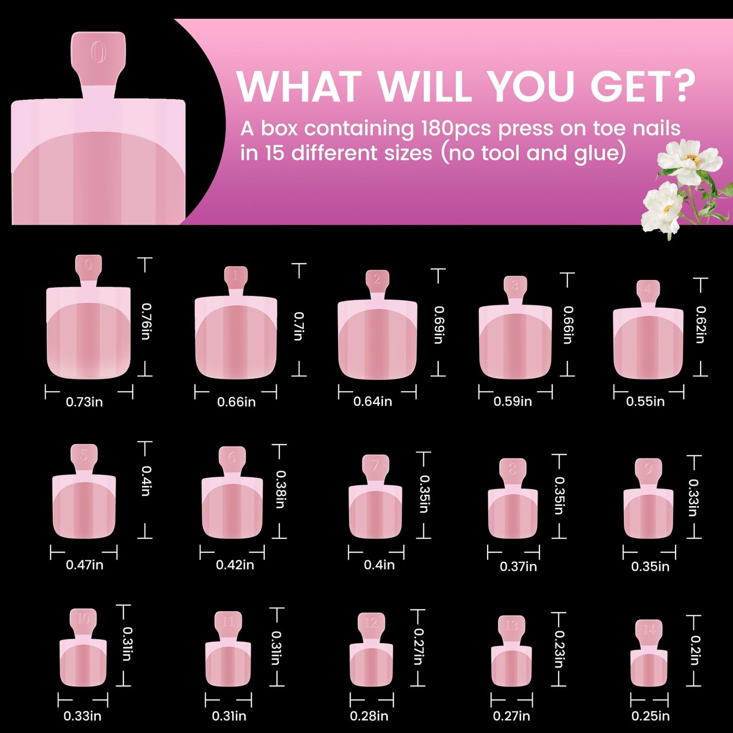 Press On Toenails for Women,SITELENABY Pink French Toe Nail Press Ons Toe Tips,180 pcs Square Toe Nail Tips,15 Sizes Soft Gel False Toenail Extension Press On Nails,Full Cover Acrylic for Salon X