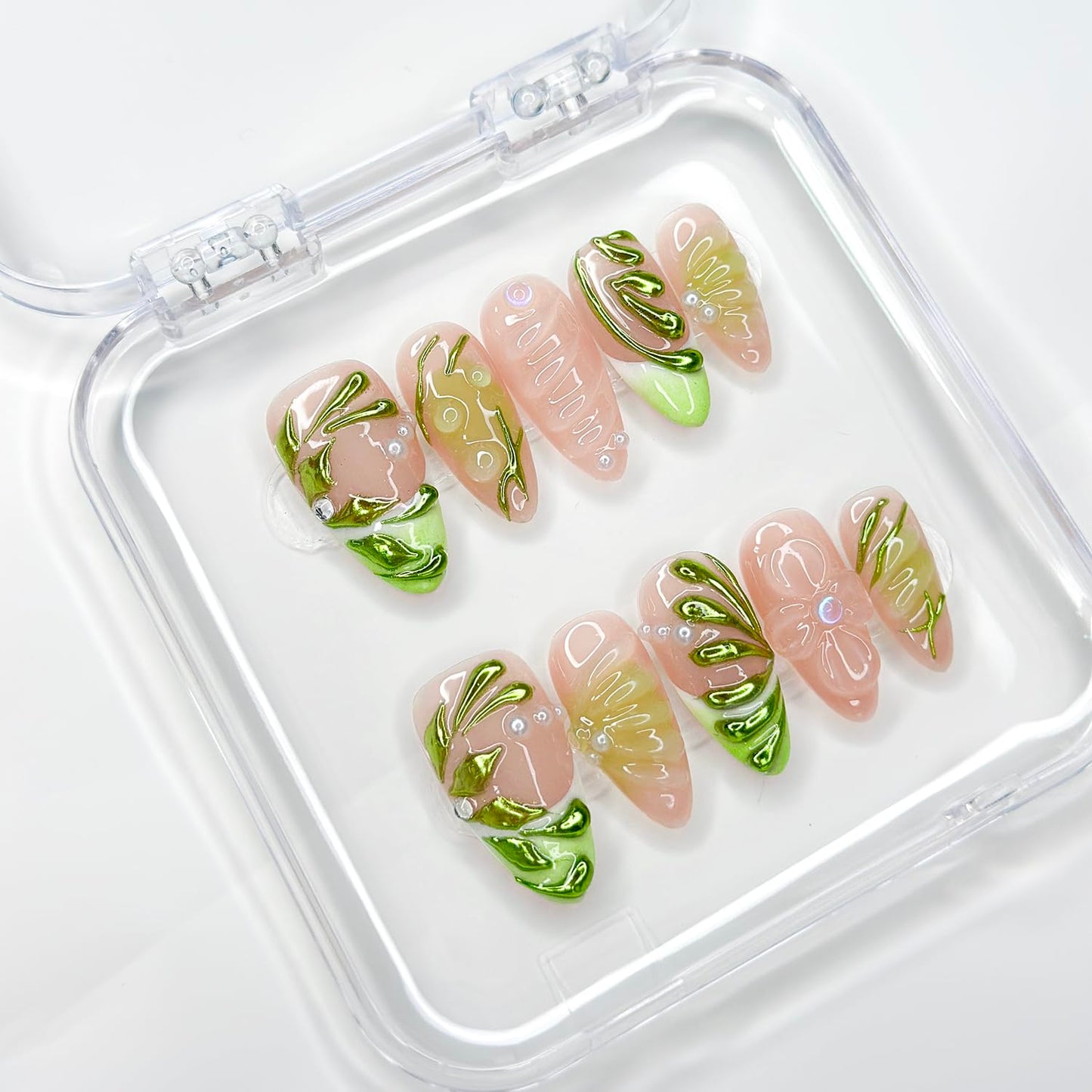 OFDNE Luxury Press On Nails Medium Almond Handmade 3D Unique Reusable ABS Material False Nails Green with Designs Pearls Floral Art Petal Glossy Glue on Nails Thick Acrylic Nails (10 Pieces, 1 Set)