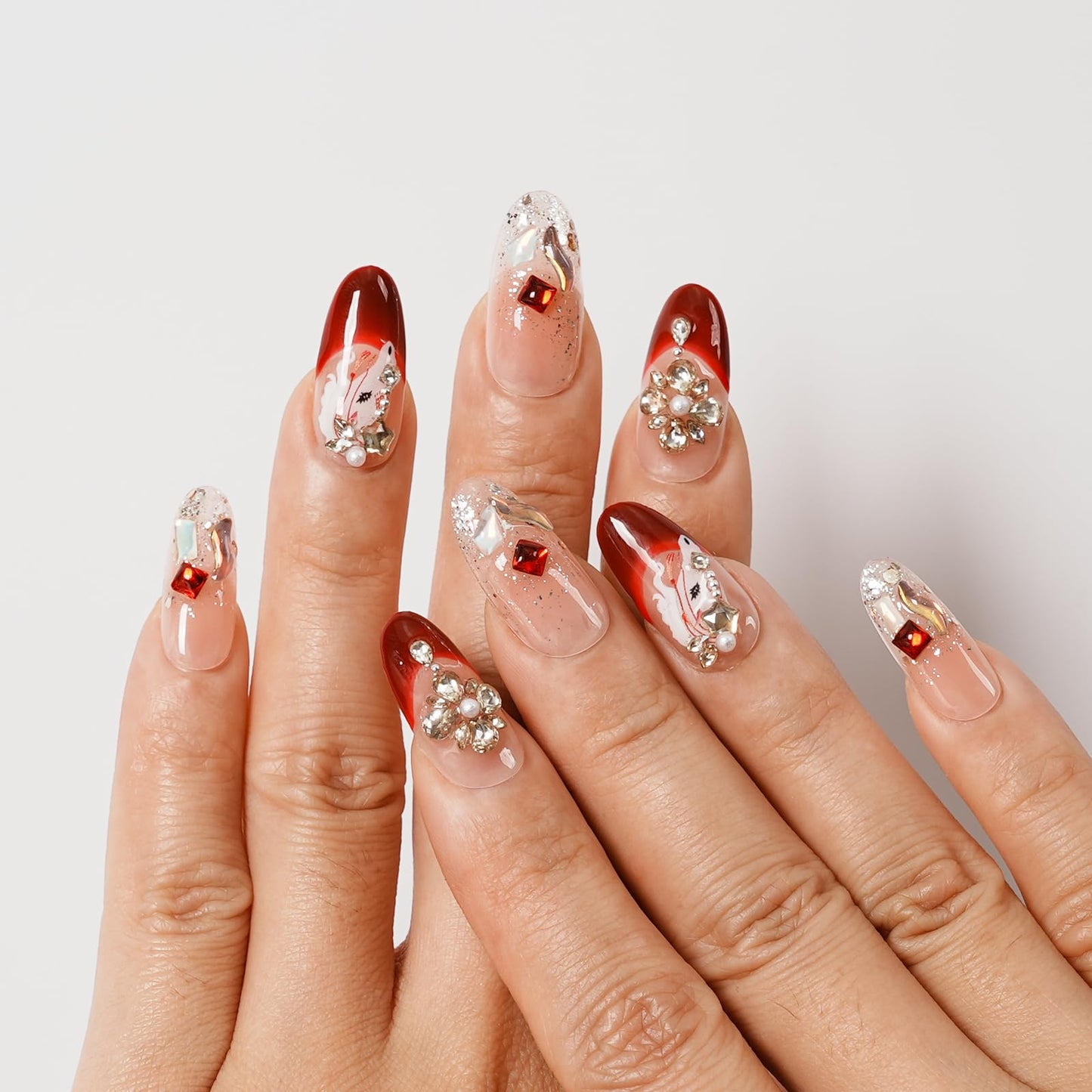Tesytto Handmade Press on Nails Medium Almond, Luxury 3D Rhinestone Crystal Flower & Red Gem, Nude Burgundy Ombre Glitter Fake Nails with Pearl Aurora Shell Design (Crimson Crystal Butterfly Glow,S)