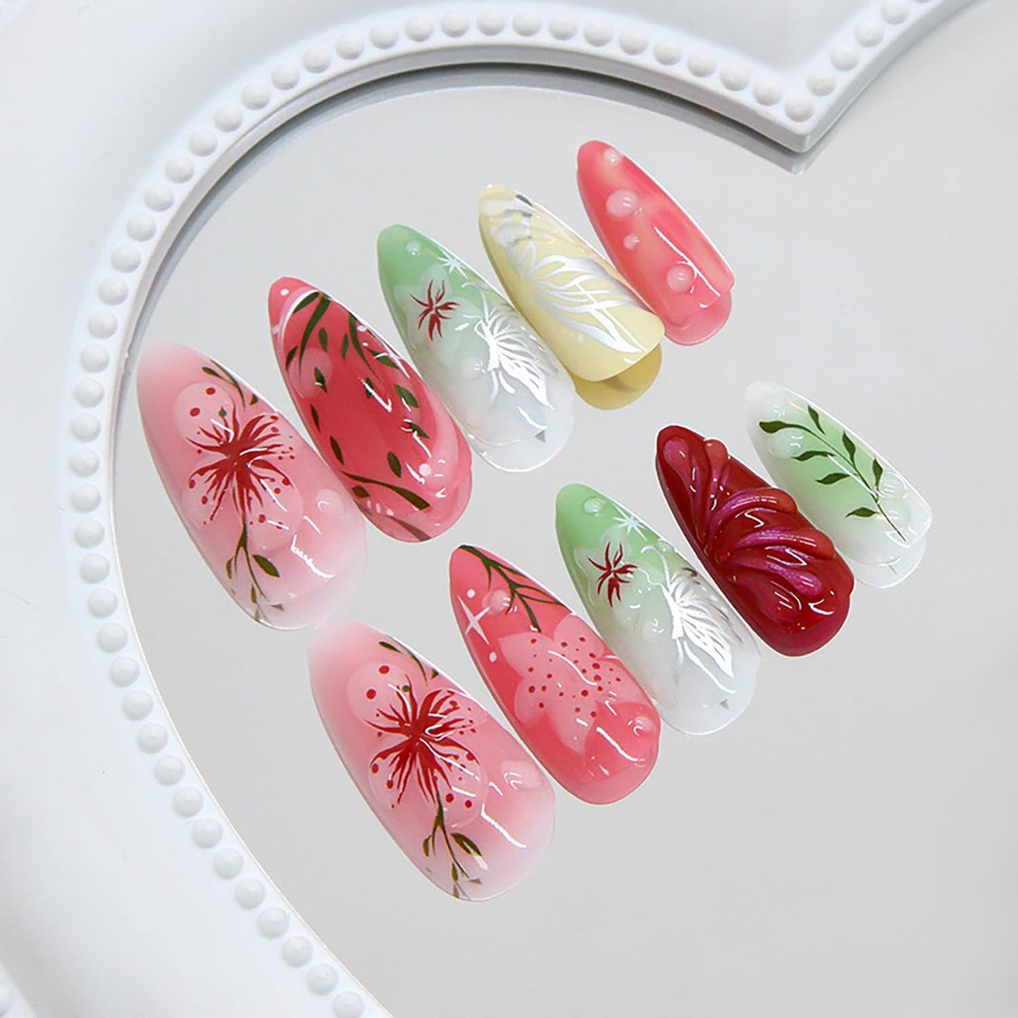 EYZOTSF Press on Almond Nails Medium Length Glossy Full Cover Acrylic Almond Shaped False Nails with Designs Artificial Fake Nail with Charms Glue Stick ons Fingernails for Women Girls(W2015)