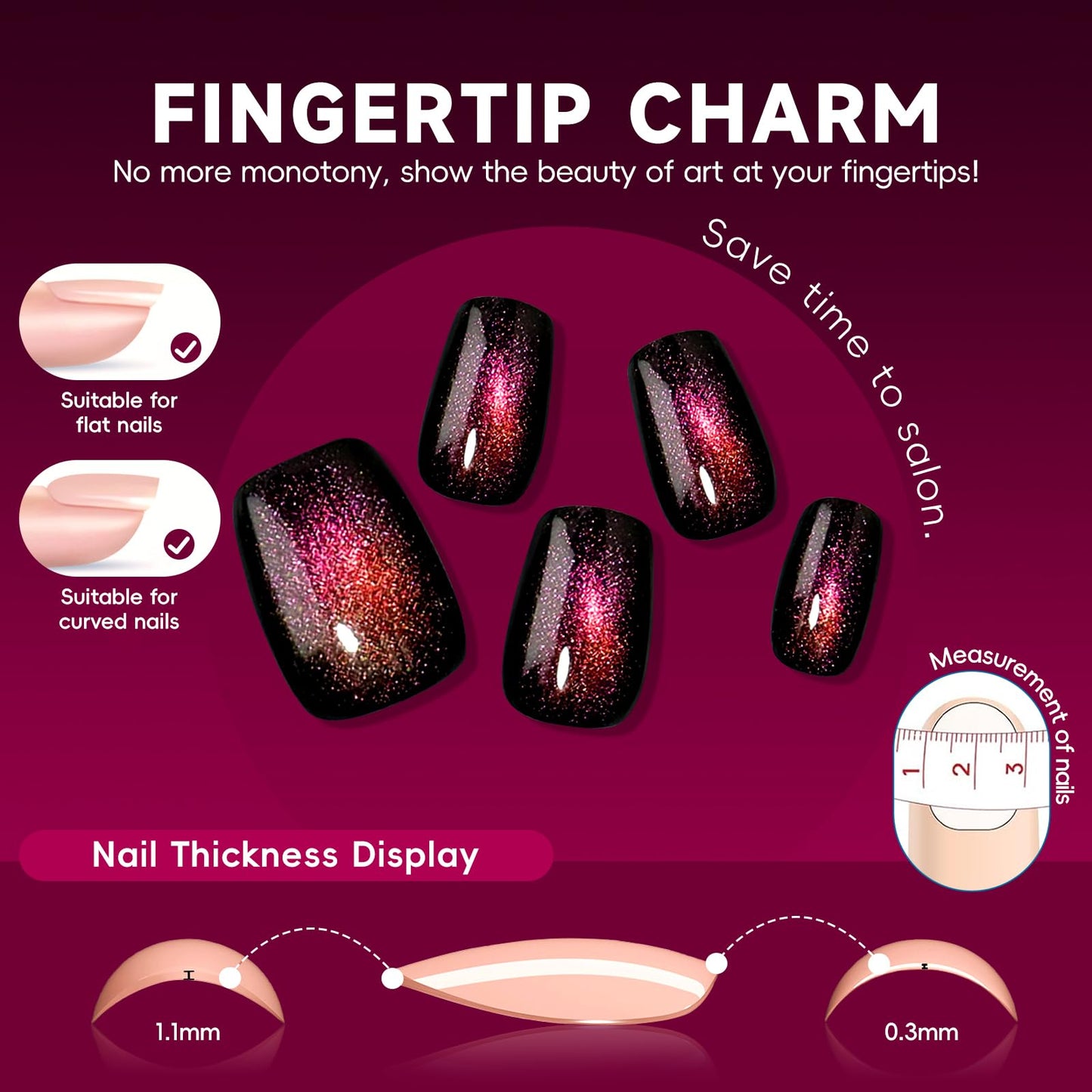HOSAILY Cat Eye Press on Nails Short, Pink Purple Galaxy Square Fake Nail with Magnetic Shimmer Design, 24pcs Glossy Handmade Gel Glue on Nails Coffin, Salon Quality Stick on Nails Press Ons for Women