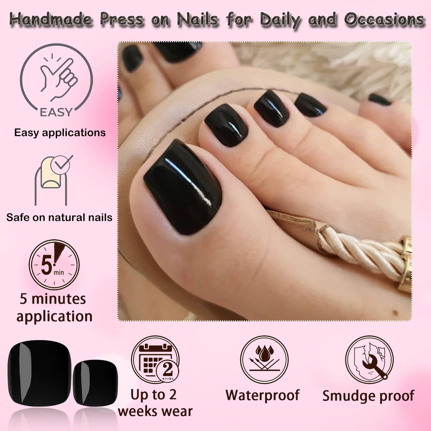 LoveOurHome 120pc Black Press on Toenails Women Fake Toe Nails with Glue Tabs, Black Fake Toenails Press on Toe Nails Glue on Toenail Acrylic Toes Nail Tips Artificial False Toenail for Women Girls