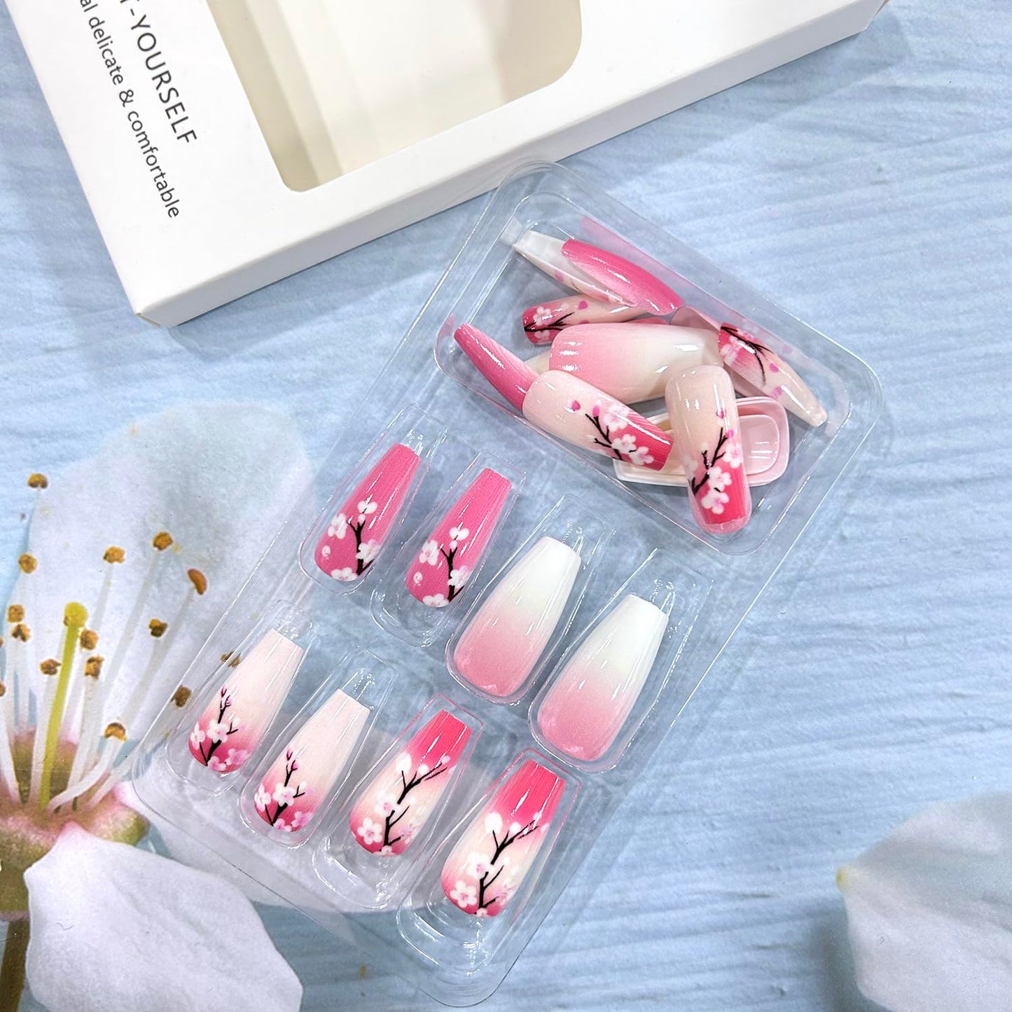 LOPMNGHT 24Pcs Flower False Nails Medium Press on Nails Ballet Shaped Pink Gradient Acrylic Nails Floral Design Spring Fake Nails Full Cover Flower Stick on Nails Artificial Nails for Women Decoration