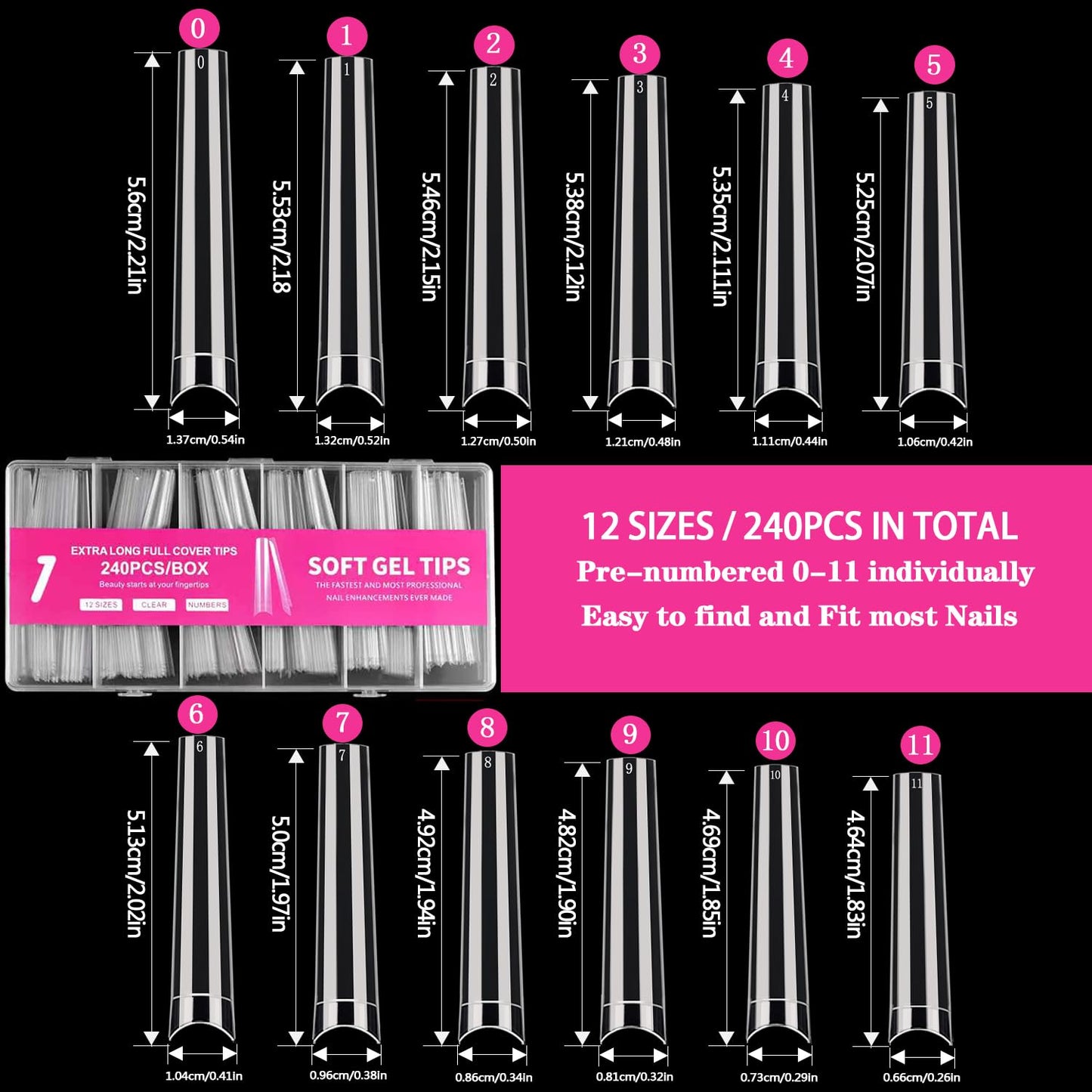 Extra Long Coffin Nail Tips No C Curve 240PCS XXXL Nails Clear Acrylic Nails Tips, Half Cover Long Coffin Press On Nails, Flat Acrylic Nail Tips False Nails For Nail Salon Home DIY,12 Sizes