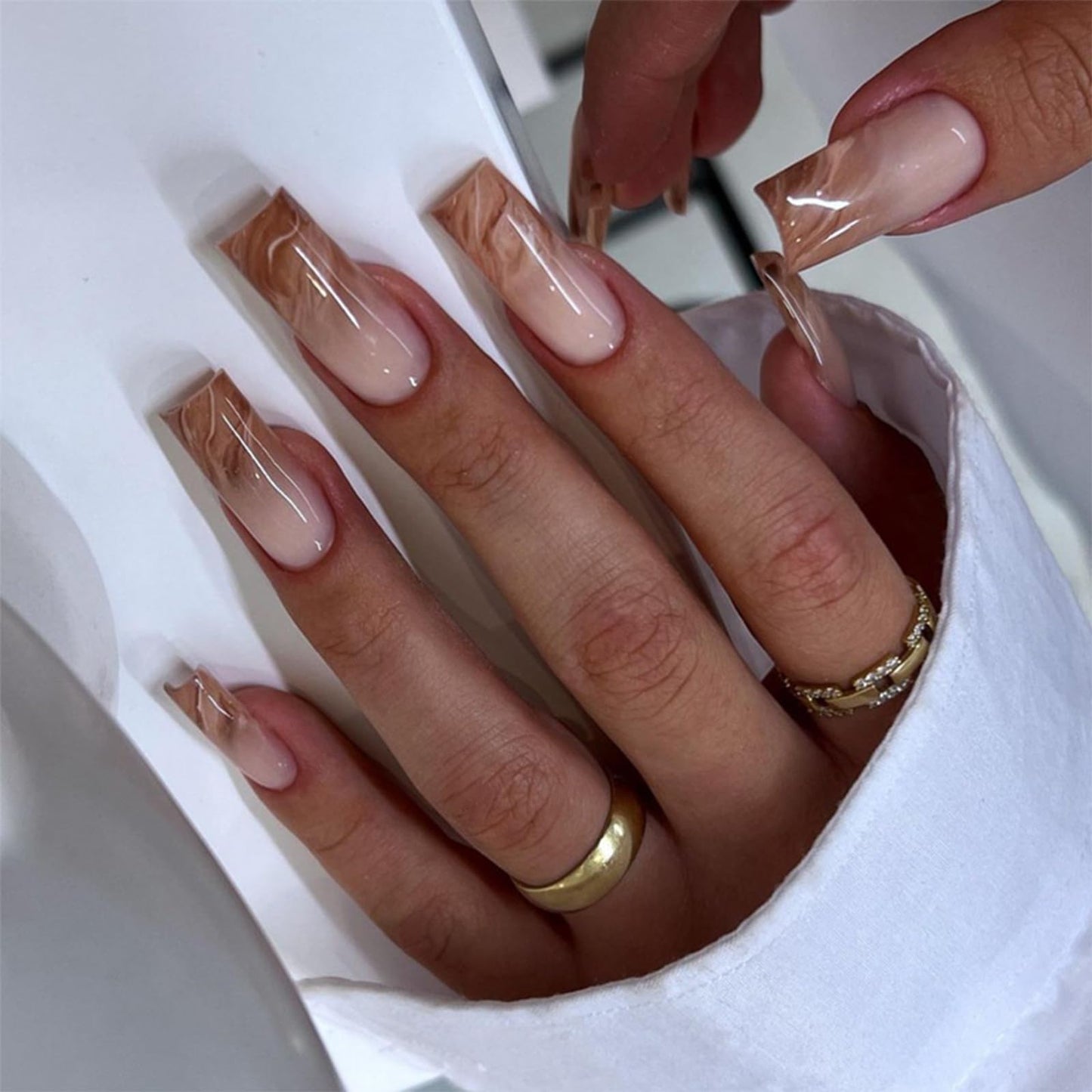 IMRAIN Press On Nails - Long Square Brown Marble Gradient False Nails, Glossy Glue On, Artificial Squoval Nude Fake Nails, Full Cover Acrylic Gel, Stick On, 24 Pcs