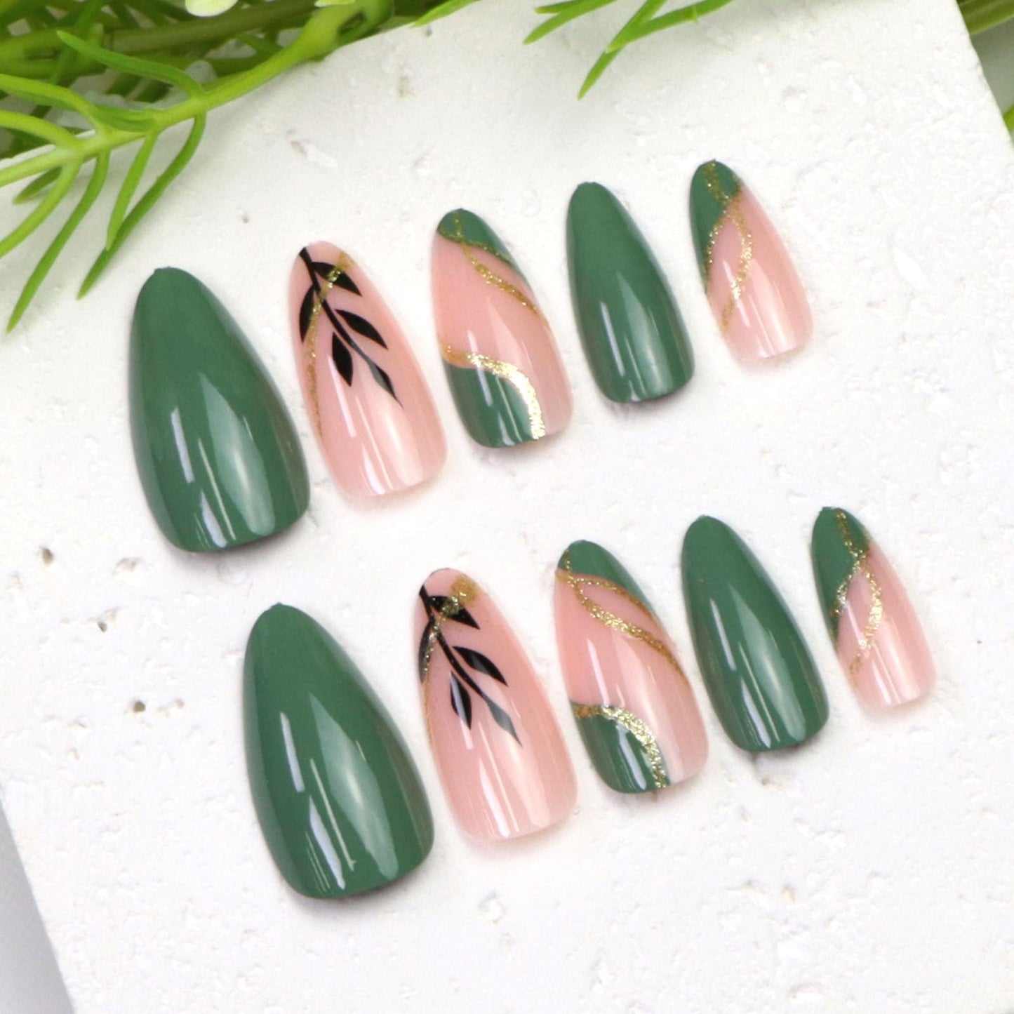 24Pcs Medium Press on Nails Almond Fake Nails with Leaves Designs Golden Glitter Glue on Nail Nude & Green Acrylic Nails Press ons Reusable Stick on Nails for Women Girls