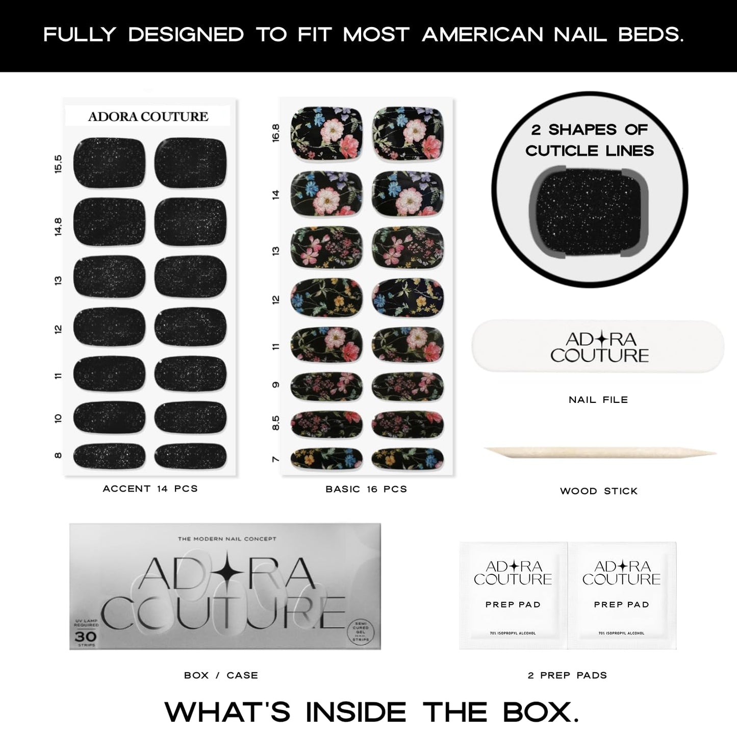 Adora Couture Semi Cured Gel Nail Strips with 30 Pieces - Salon Quality Manicure Kit for Women Easy Application Wraps Includes Prep Pads Nail File Wooden Stick, UV Light Required (Black Garden)