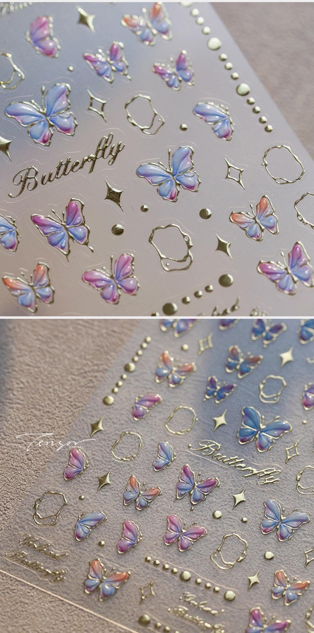 5D Embossed Blue Butterfly Nail Stickers Gold Star Nail Art Stickers Purple Butterfly Nail Decals Self-Adhesive Spring Sticker Summer Nail Supplies for Women Girls DIY Manicure