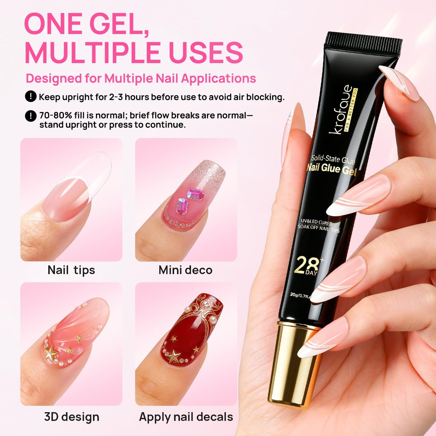 Krofaue Kids Nail Art Bundle, 40g Solid UV Curing Nail Glue Gel + 240PCS Extra Short Almond Soft Gel Nail Tips, 12 Sizes Full Well Clear Fake Nails Manicure Kit for 9-12 Years Old Girls, Home DIY
