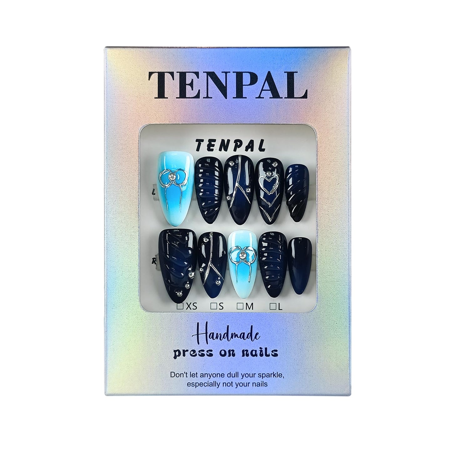 TENPAL Metal Embellished Fake Nails Almond Shape,Navy Blue Glossy Fake Nails with Silver Bows & Steel Beads,3D Water Drop Design Handmade Soft Gel Nails,Sweet Acrylic Press on Nails,10pcs S Size