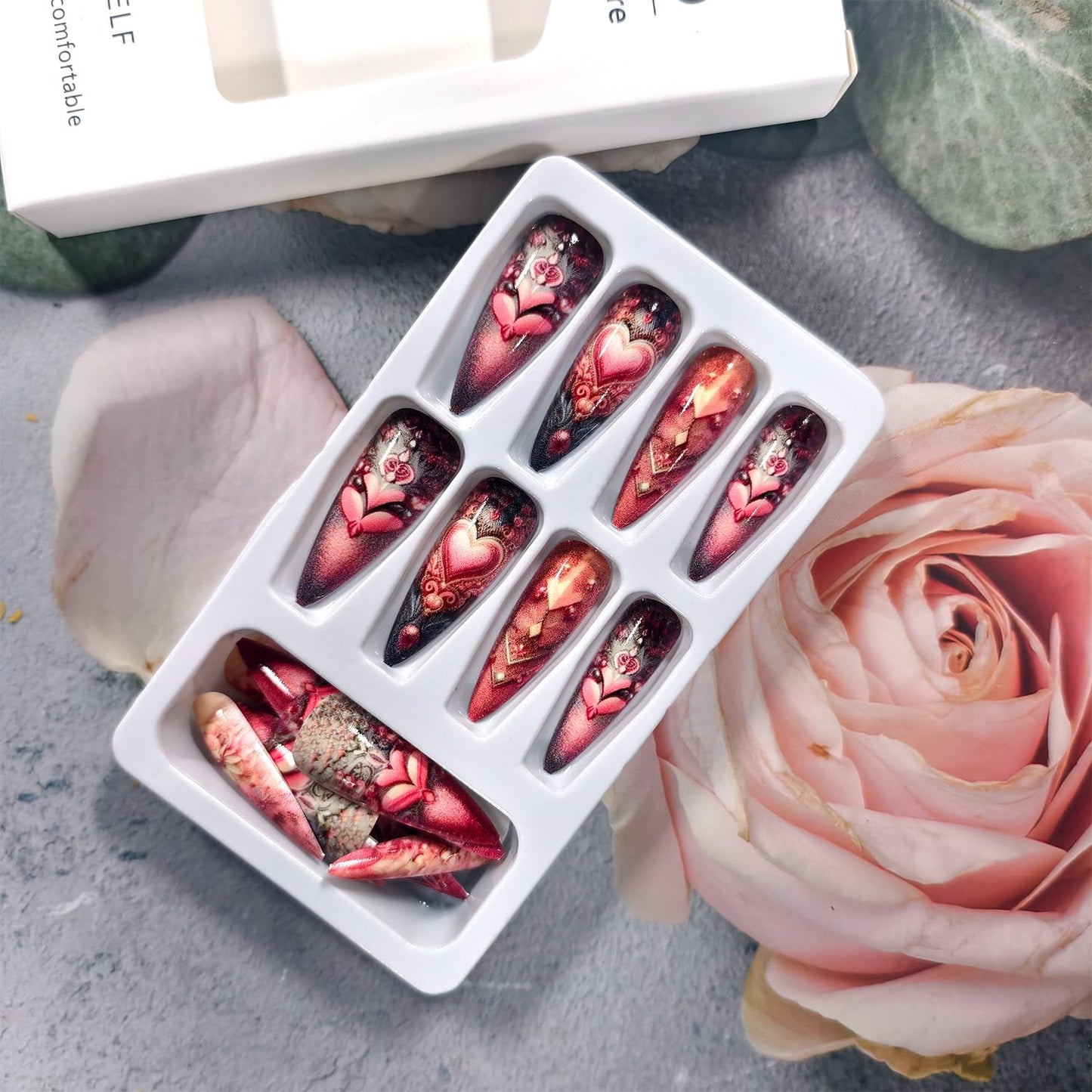 Heart Press on Nails Extra Long Artificial Acrylic Pink Multi Layered love Fake Nails Pink Rose Coffin Nails Full Cover Glossy Valentines Stick on Nail Artificial Fingernails Women Festival Manicure
