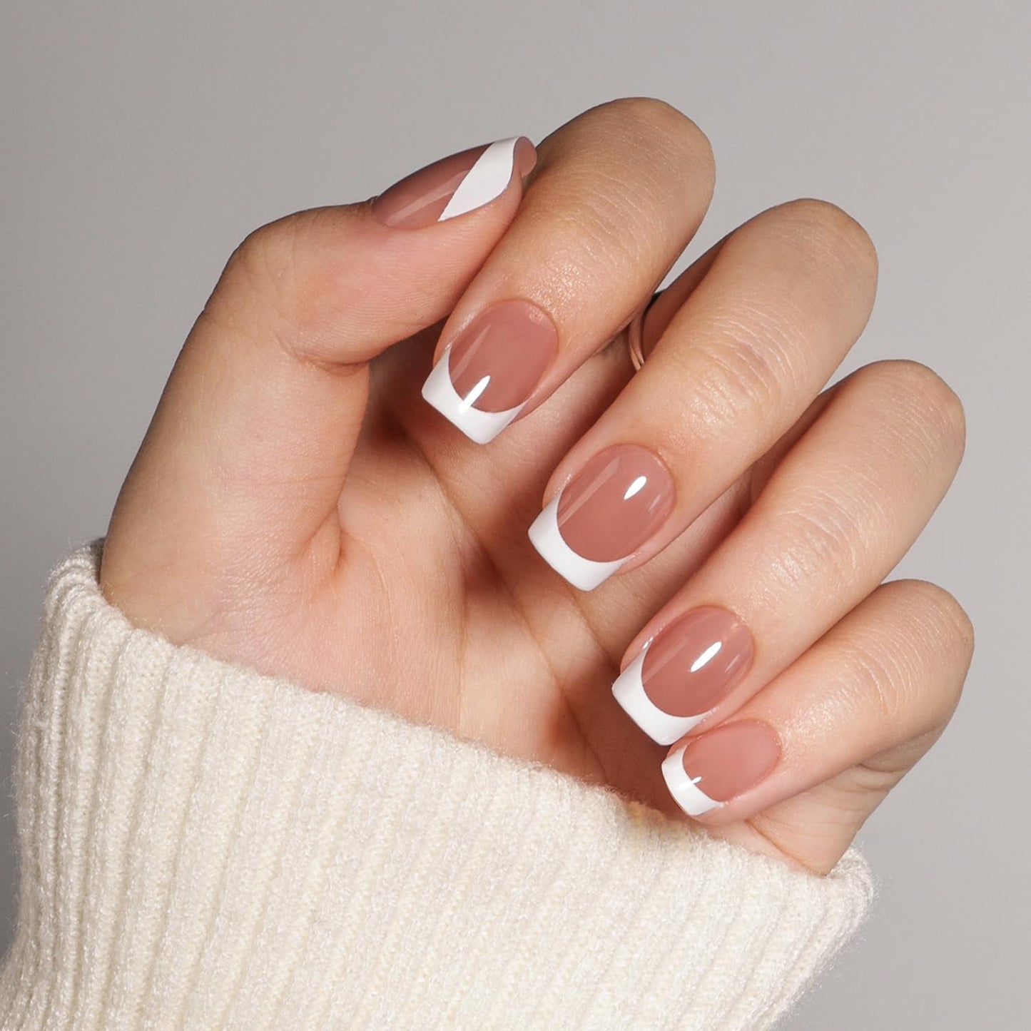 White French Tip Press On Nails - Brown Short Square Fake Nails, Square Press On Nails Reusable Stick On Nails in 15 Sizes, 30pcs False Nail Kit for Women & Girls (Cocoa French)