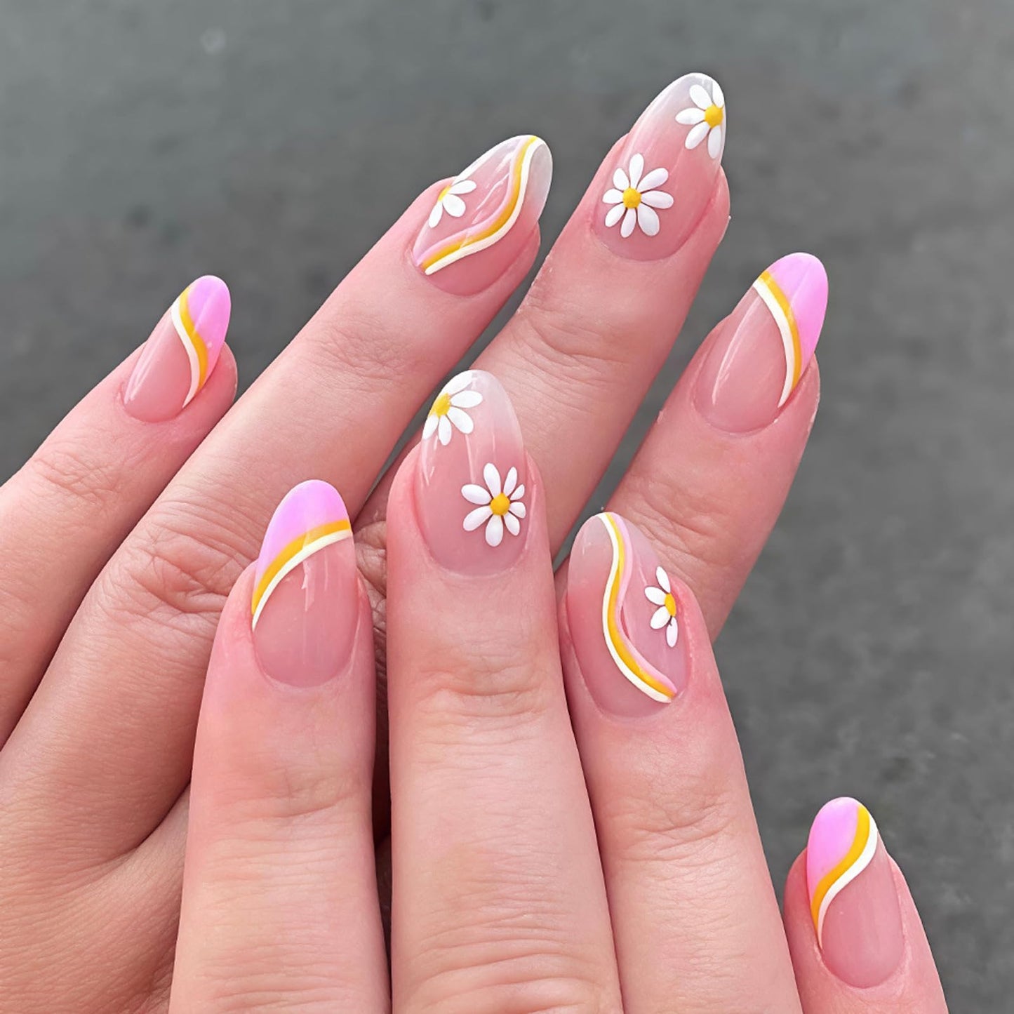 Spring Press on Nails Medium Oval Fake Nails Pink French Tip Nails Press ons with Cute Flower Striped Design,Reusable Artificial Nail Full Cover Stick on Nails for Women Manicure 24Pcs