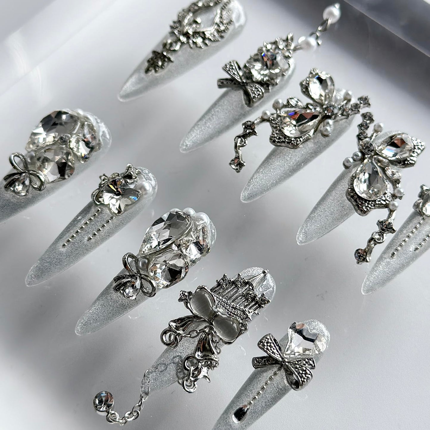 Luxury Press on Nails Long Almond Handmade 3D Unique Reusable ABS Material Fake Nails White Gothic False with Designs Bow Rhinestones Glitter Art Glossy Glue on Nails Thick Acrylic Nails(M)