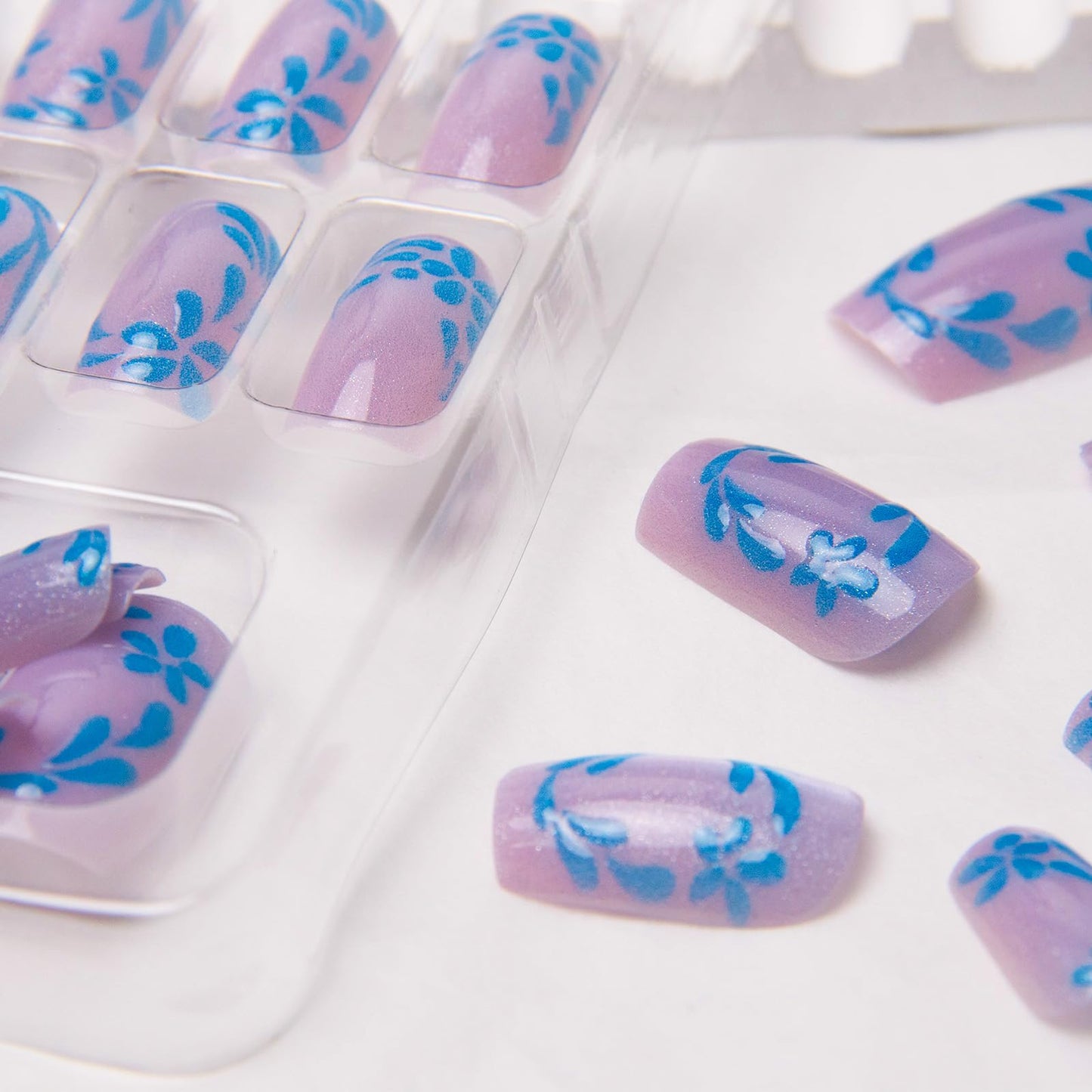 Square Press on Nails Short Cat Eye Fake Nails Blue 3D Flowers Acrylic Nails Glossy Shiny Artificial Nails Purple Leaf False Nails Glitter Glue on Nails for Women Girls Manicure Nails Decoration