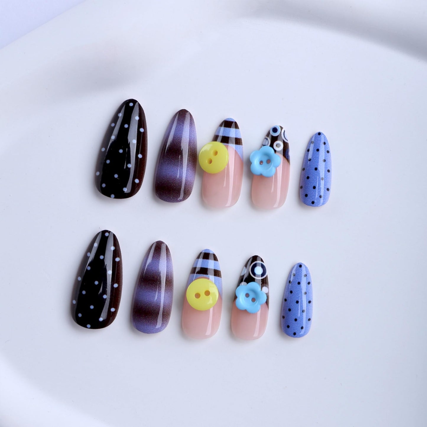 octoswave Long Almond Press on Nails, 3D Button Polka Dot & Striped Fake Nails for Women, Glossy Acrylic False Nails for Party, 24Pcs