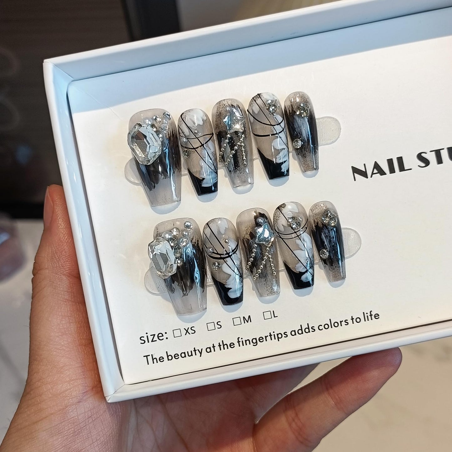 TENPAL 10PCS Gothic Black French Tips Press on Nails Coffin with Tools Kit - Oriental Chain & Crystal Dark Rebel Design- Icy Dark Elegant Chinese Style Fake Nails(M)