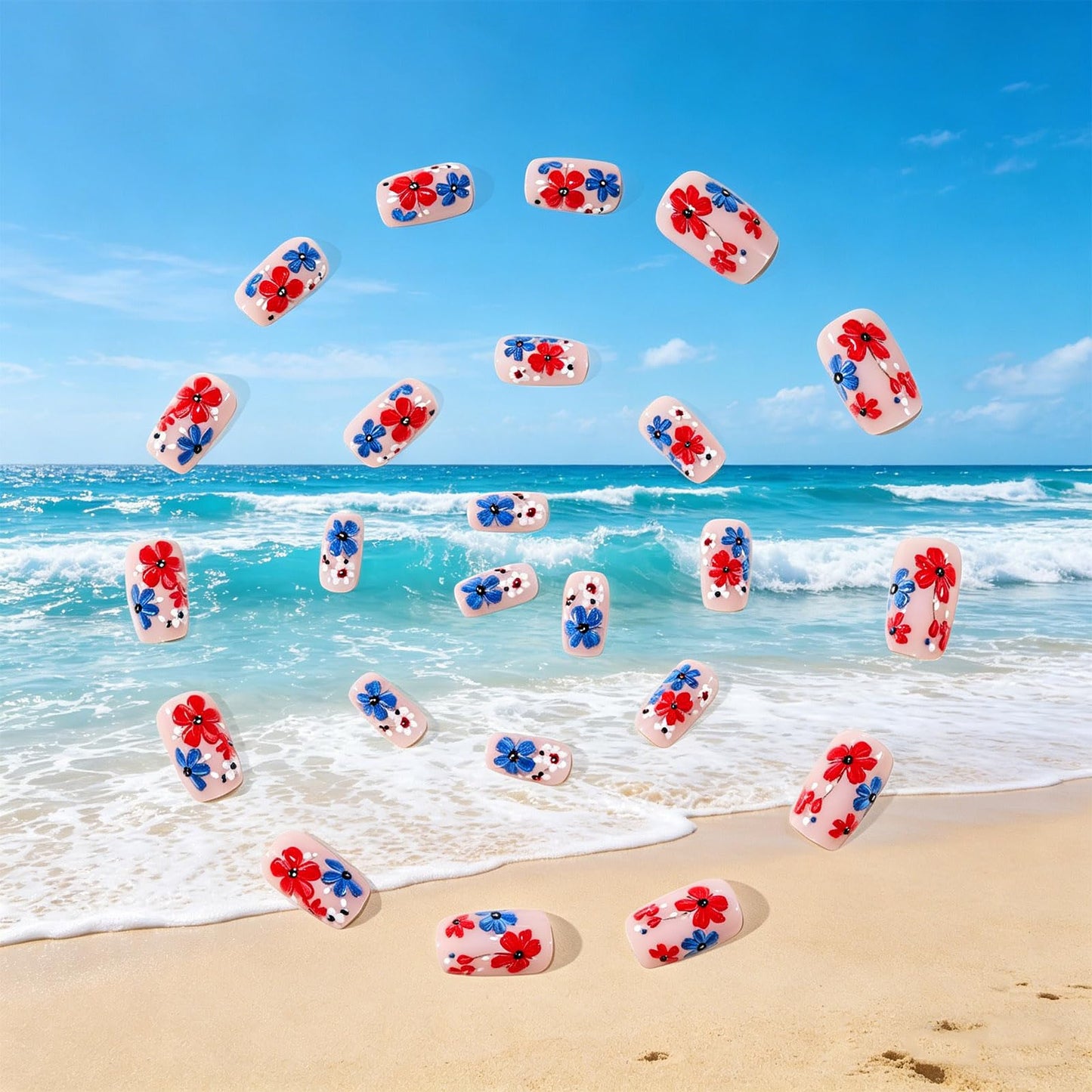 Red White Blue Flower Press on Nails, Medium Square Fake Nails with Patriotic Floral Design, Glossy Gold Glitter False Nail Reusable Glue on Artificial Nails for Women 4th of July Summer Wear