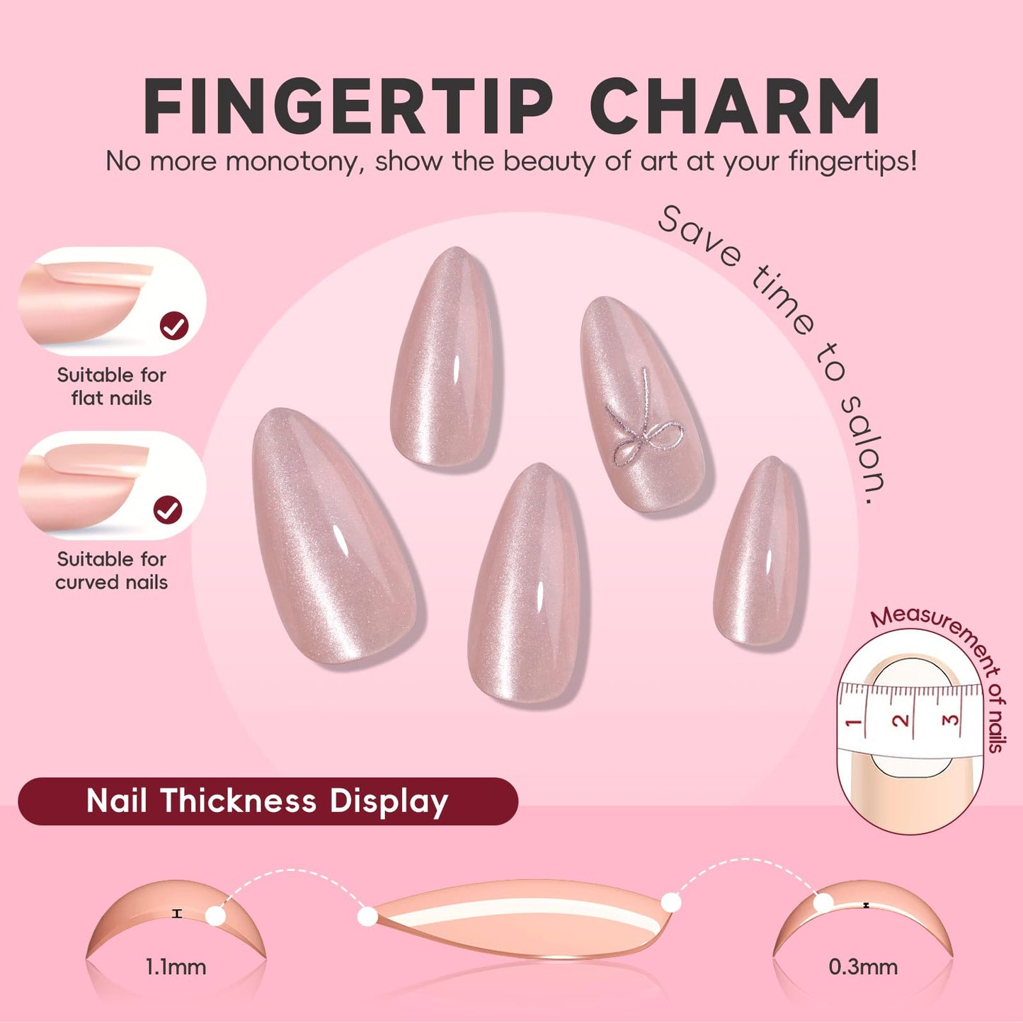 HOSAILY Nude Pink Cat Eye Medium Almond Press-on Nails with 3D Silver Bow Accents Design, 24pcs Glossy Cute Pretty Durable Classic Full Cover Stick on Fake False Acrylic Nails for Women Daily Wear