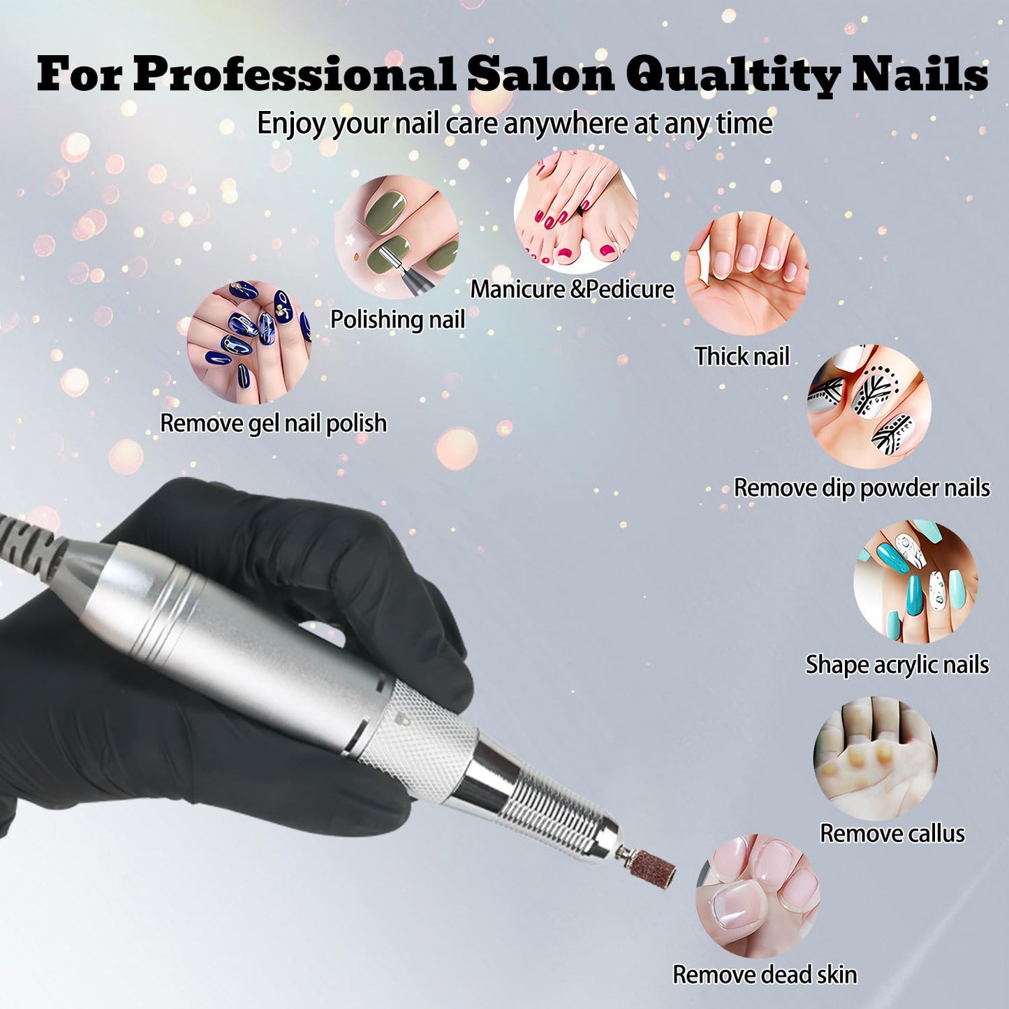 Electric Nail Drill Machine 35000RPM Professional Portable Nail File Cordless Rechargeable Nail Efile for Acrylic Gel Nails Manicure Pedicure Polishing Shape Tools for Salon (Silver)