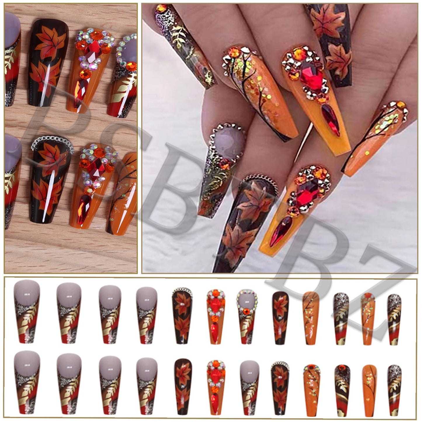 24 PCS Luxury Handmade Press on Nails Long Coffin Fake Nails with Rhinestones Designs Glitter Fall Leaves Press on Y2k False Nails Autumn with Maple Leaf Stick on Nails Thanksgiving for Women DIY