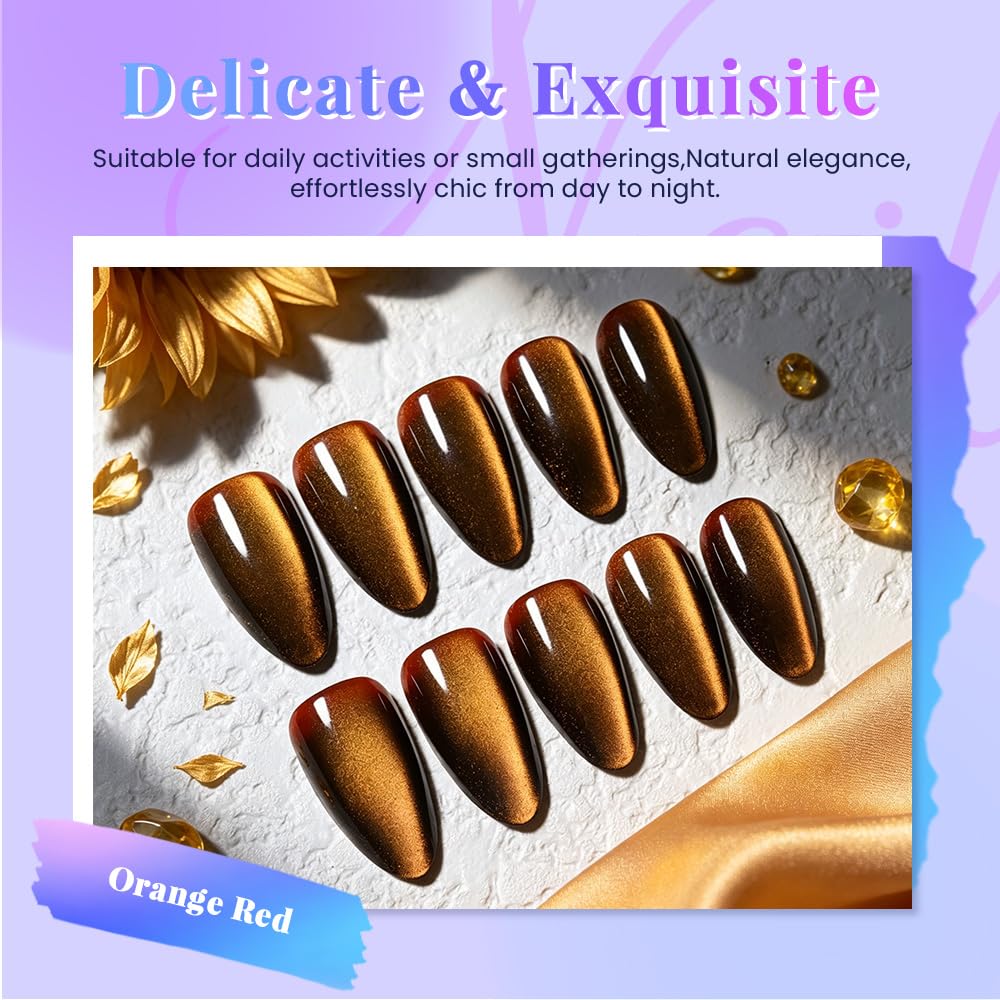 XZMeiLun Cat Eye Orange Brown Press On Nails Almond Medium, Magnetic Acrylic Fake Nails Stylish Design, Salon-Quality Shiny Finish, Reusable Stick On Nails Kit for Women, Daily Wear (No Glue Included)