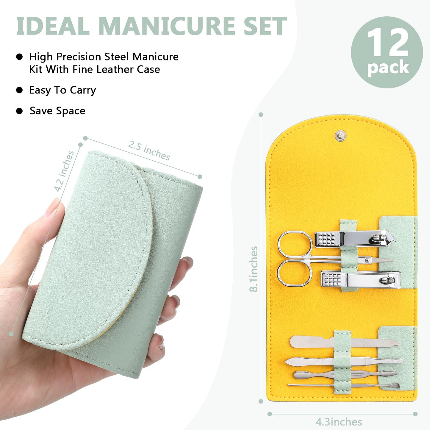 Lanties 12 Set Manicure Set Bulk Mini Manicure Nail Clipper Kit 7 in 1 Stainless Steel Professional Nail Care Pedicure with Travel Portable Bag Grooming Kits for Women Men Home(Light Green)