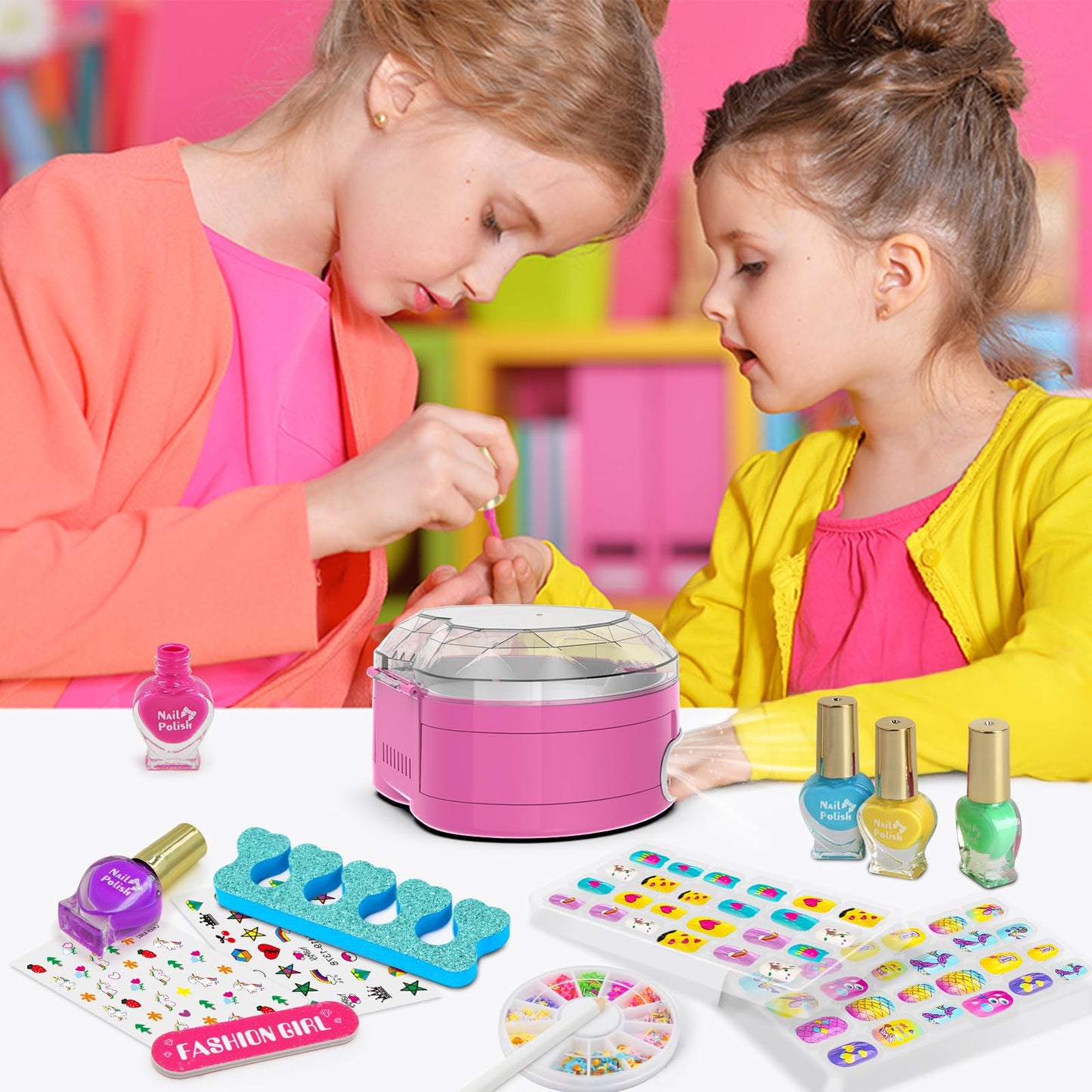 Ylovetoys Kids Nail Polish Set for Girls, Nail Art Kit for Kids Ages 7-12, All-in-One Nail Salon with Nail Dryer & Press On False Nails,DIY Decorative,Non-Toxic Polish,Stickers, Little Girl Gift Toys