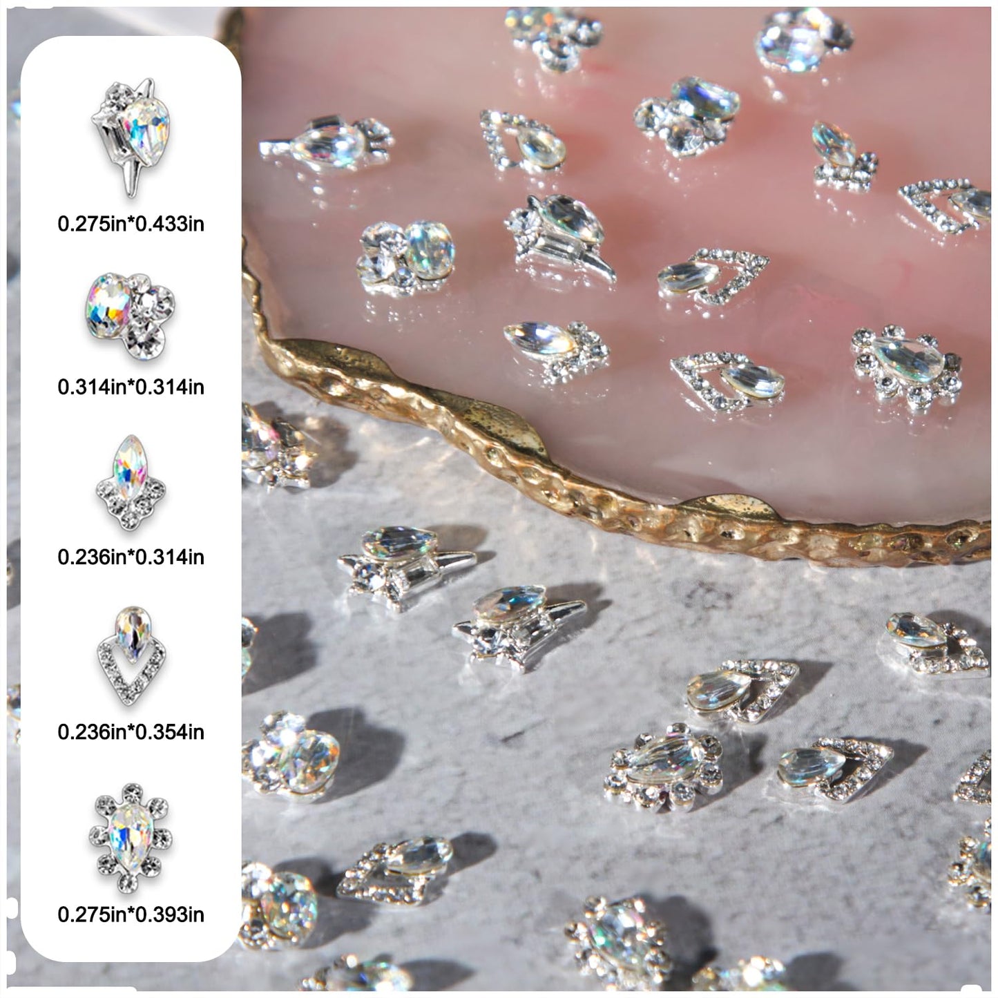 DANNEASY 20pcs AB Rhinestones Charms Flat Back Crystal Glass Silver Alloy Nail Gems Diamond 3D Jewels Decoration for Acrylic Nails Accessories