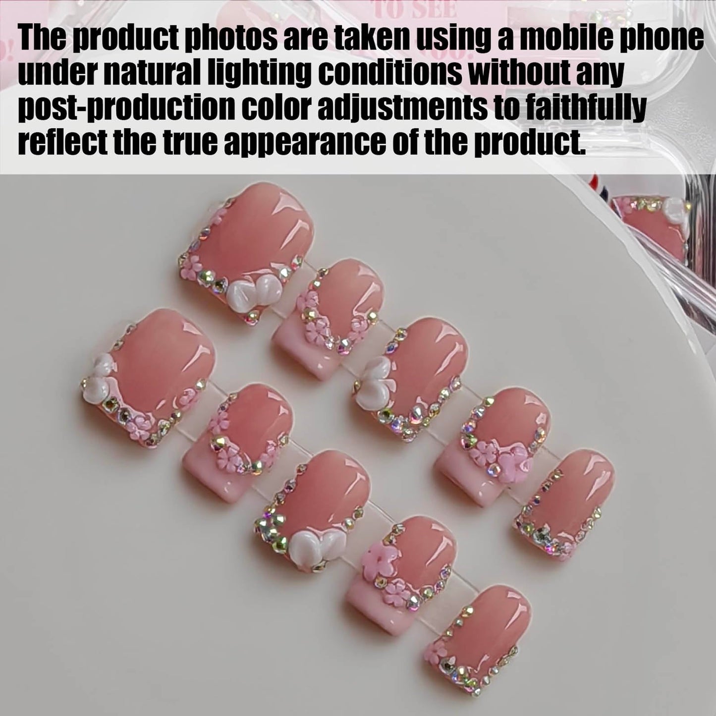 Gleamrain Handmade Short Press on Nails Square Press-on Nails Nude Base with Flower and Rhinestones Design French Tip Nails Press Ons 10pcs M Size Pattern 1102