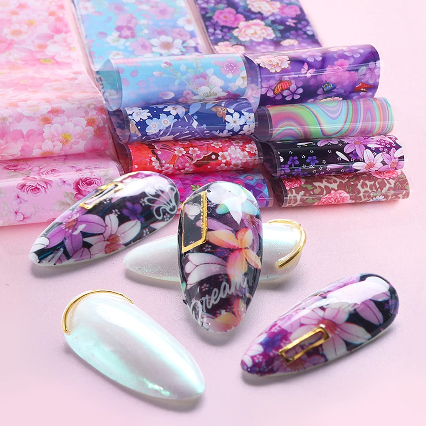 Nail Foil Transfer, DANNEASY 20 Roll Iridescent Marble Nail Foils Starry Sky Nail Stickers Holographic Nail Art Foil Transfer Rainbow Nail Design Stickers Nail Decals for Women Kids
