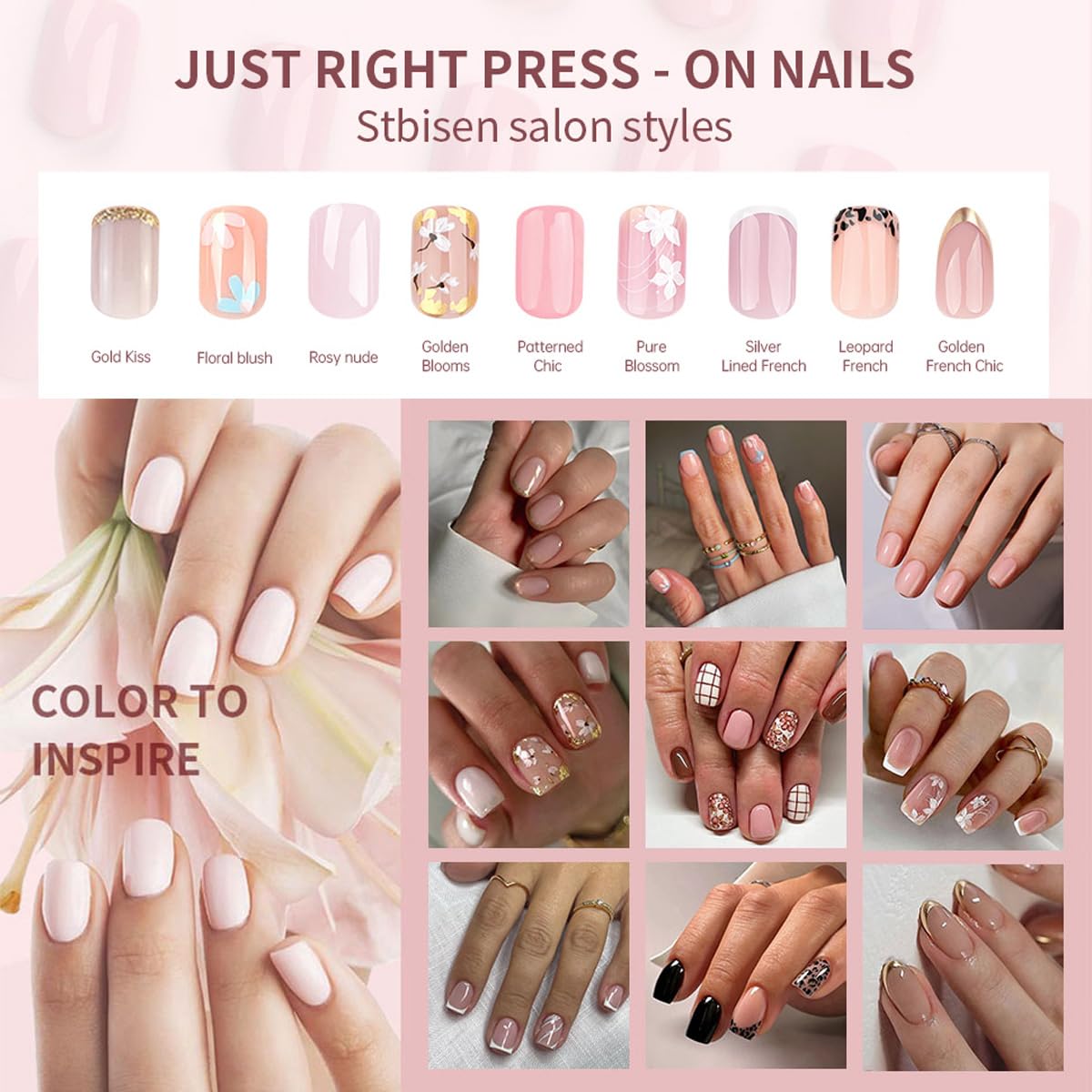 Stbisen Almond Press On Nails Short, Pink Fake Nails with Elegantly Crafted Gold French Tips, Glossy Gel Finish, Thick Natural Reusable Glue On Nails Kit for Women 24Pcs, Golden French Chic