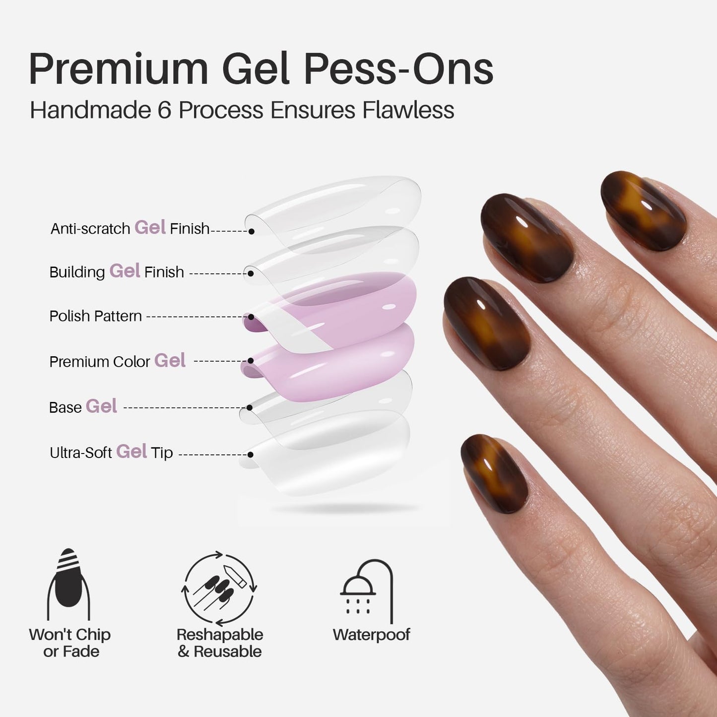 Tortoise Shell Press on Nails Short - SHANGMENG Soft Gel Oval Press on Nails for Women, Seamless Fit & Glossy Glue on Nails 16 Sizes - 32 Reusable Fake Nails Kit with Glue, Amber Memory