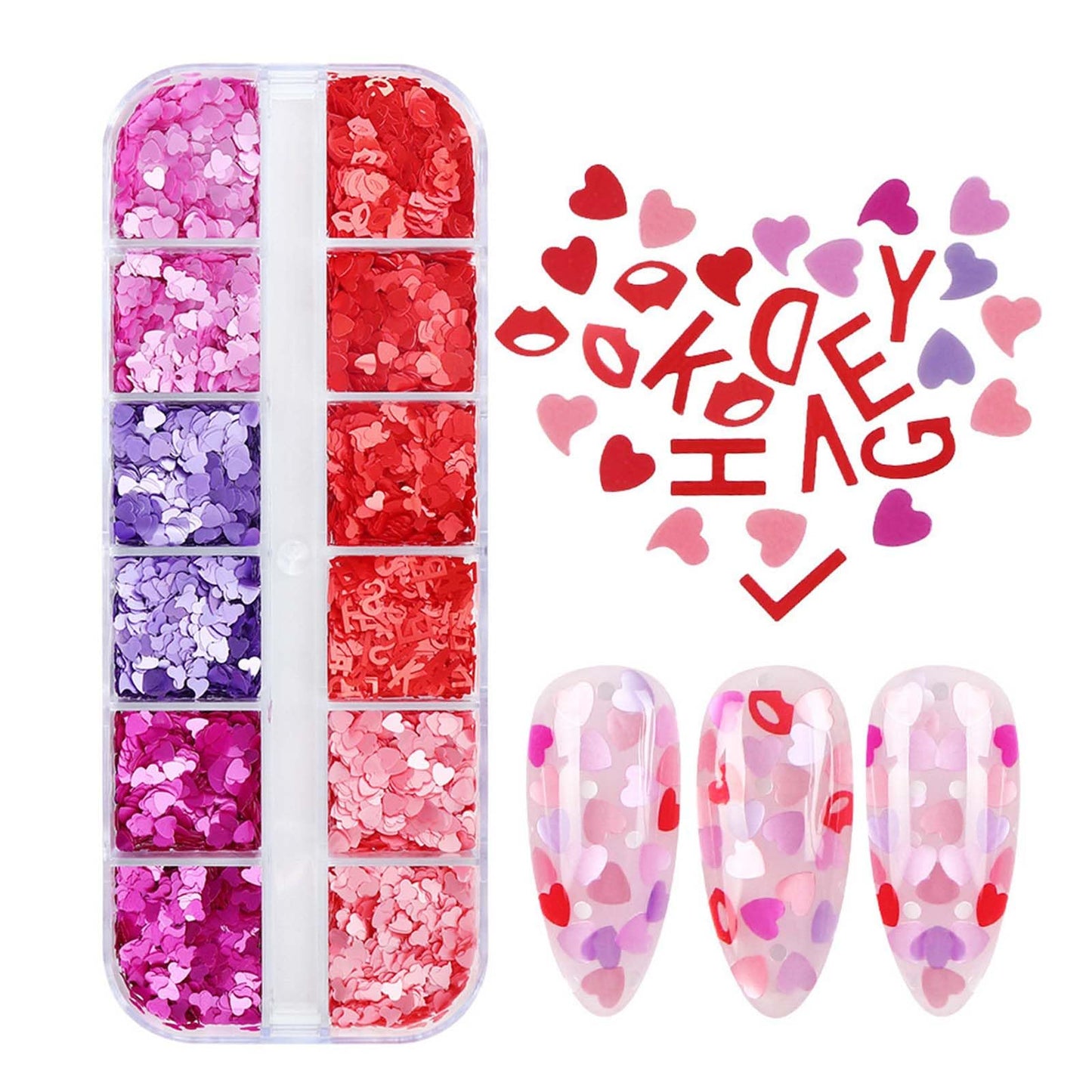 2Box Heart Nail Stickers Glitter Decal Valentine’s Day Nail Glitter Sequins 3D Holographic Laser Nail Sequins Colorful Nail Glitter Flakes Love Nail Sequins Design for Women Acrylic Nails Accessories