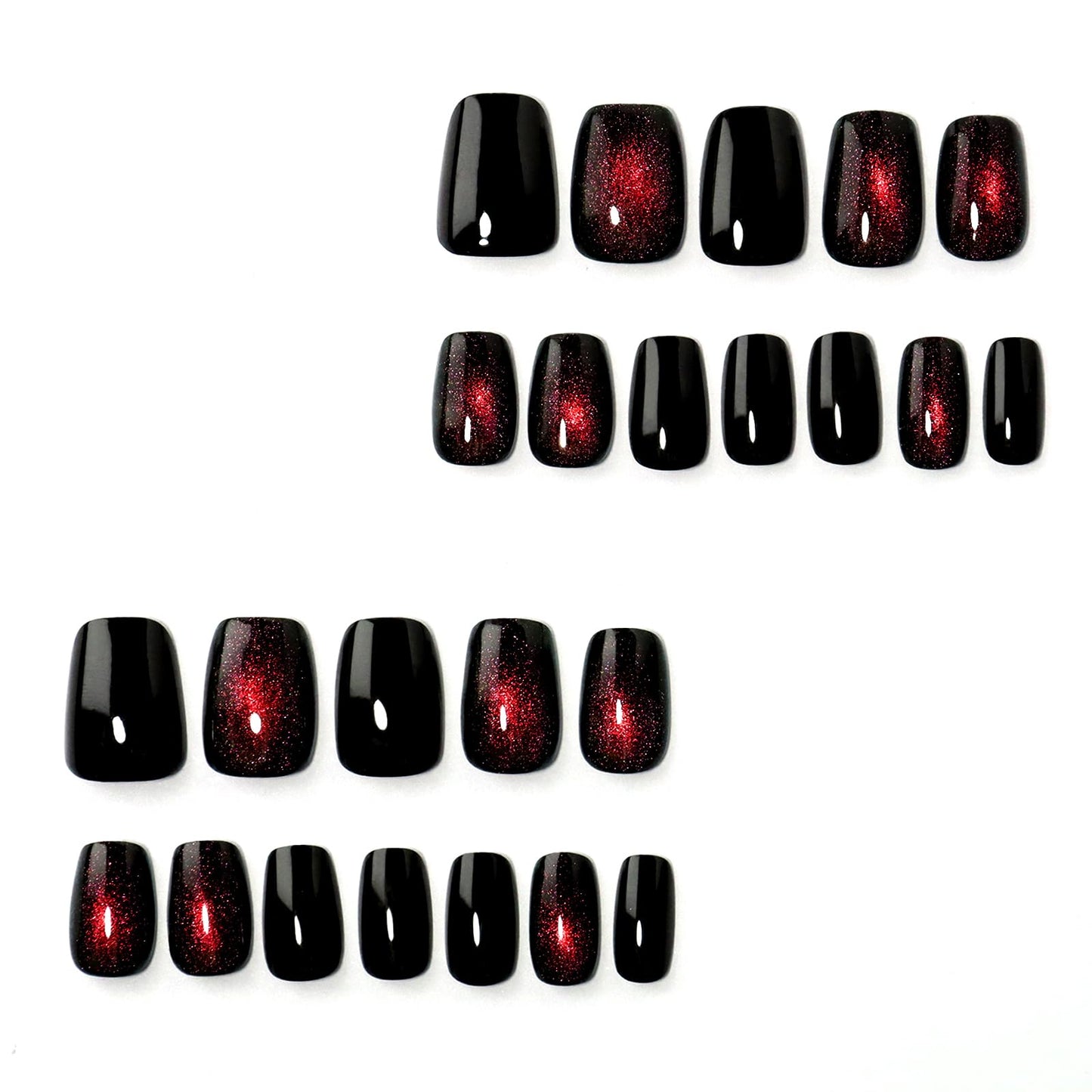 HOSAILY Black Red Cat Eye Press on Nails Short Square Cherry Christmas Fake Nails with Shimmer Design, 24pcs Glossy Soft Gel Glue on Nail Coffin, Salon Quality Stick on Nail Winter Press Ons for Women