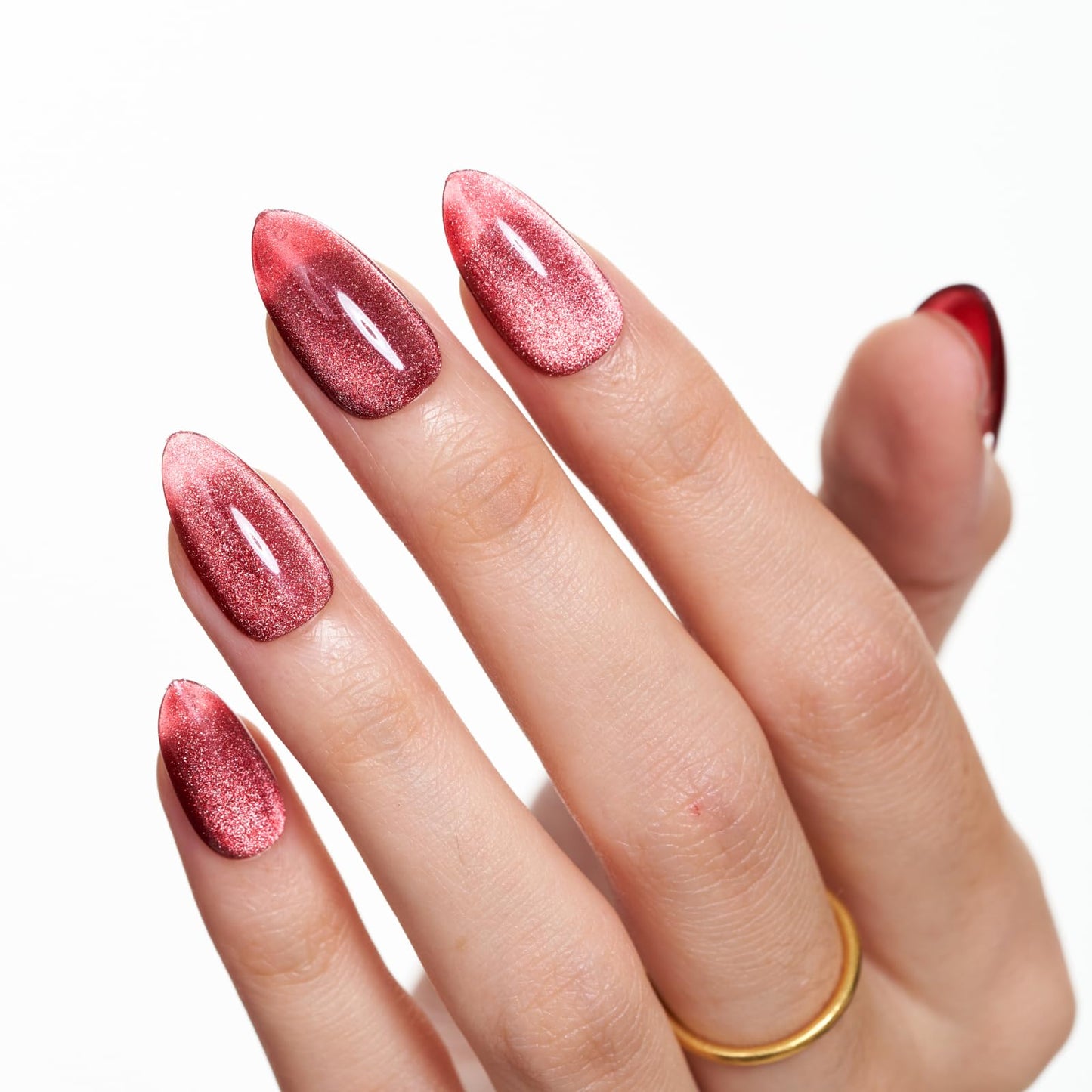 GLAMERMAID Magnet Cat Eyes Dark Red Press on Nails Short Almond, Handmade Jelly Gel Fake Nail Set, Ombre Glitter Magnetic Glue on Nail Stiletto, Scarlet Medium Oval Stick on False Nail Set for Women