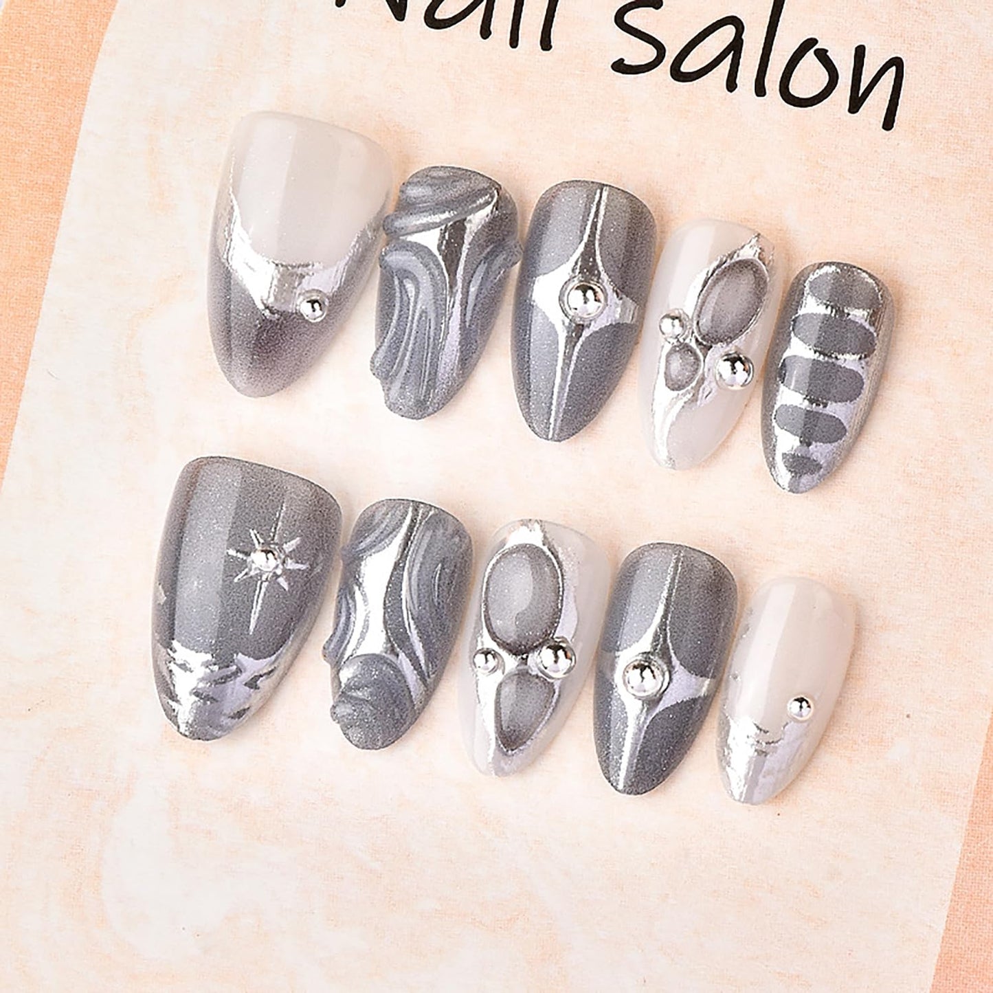 30pcs French Tip Press on Nails Medium Almond Fake Nails with 3d Rhinestones Designs Glue on Nails Gothic Silver Star False Nails Grey Glossy Full Cover Artificial Acrylic Nail Decoration for Women