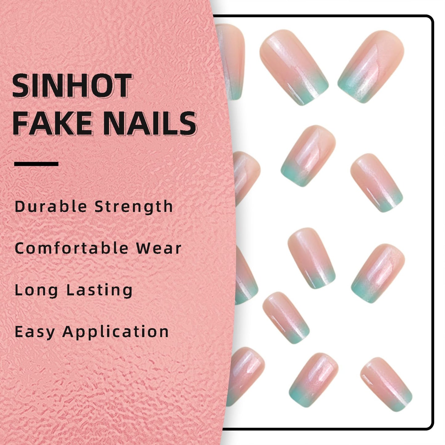 SINHOT Square Press on Nails - Short Fake Nails, Glossy Finish, Pink Blue Gradient & Bling, DIY Artificial False Nail Art - 24 Pcs Nail Kit with Glue