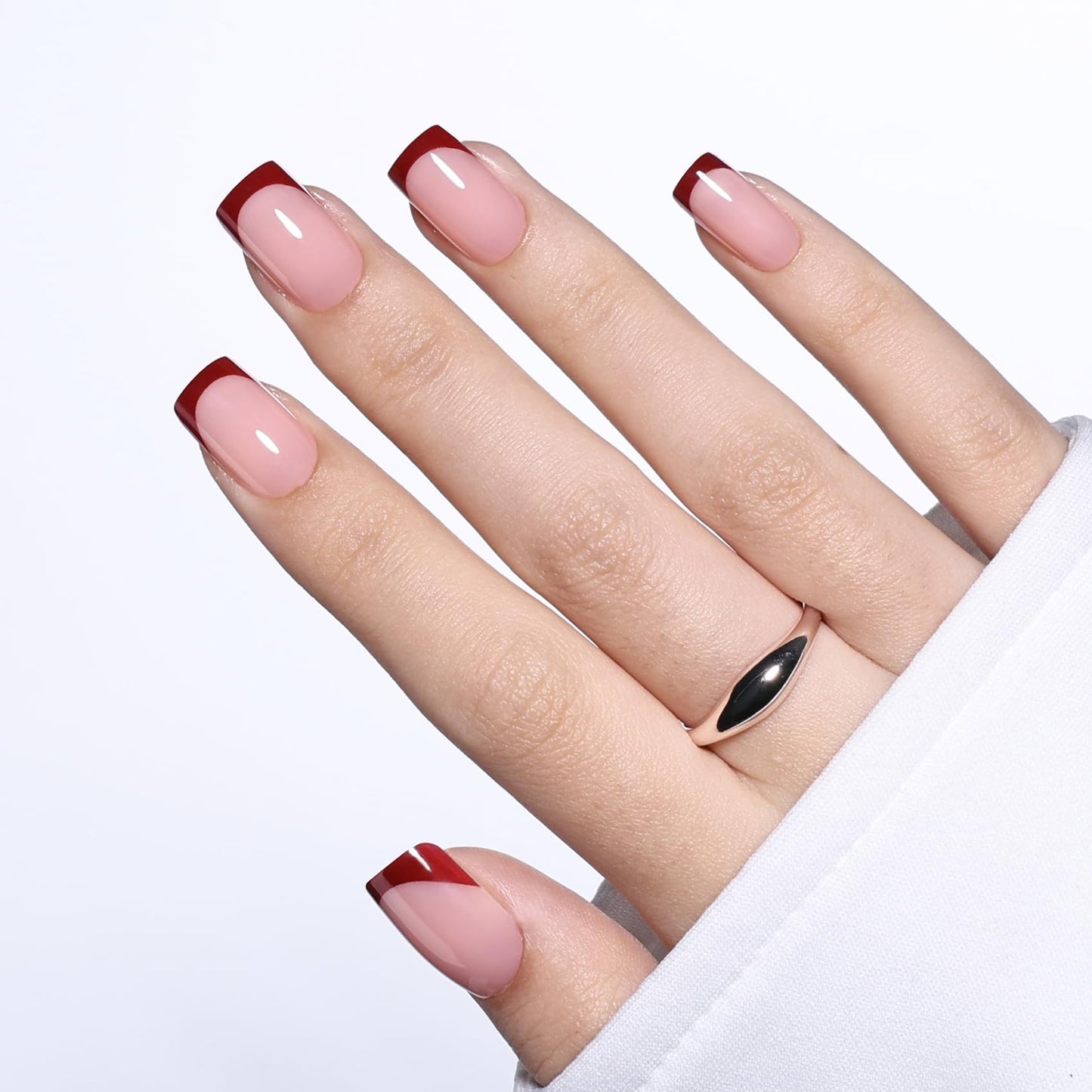 Red French Tip Press On Nails Square - Short Square French Tip Fake Nails with Nail Glue, Red Press On Nails Opaque Reusable Stick On Nails in 16 Sizes - 32 Nail Kit for Women & Girls | Salon Quality
